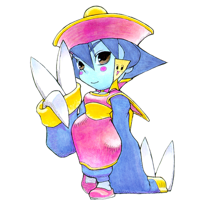 hsien-ko, mei-ling (darkstalkers), capcom, darkstalkers, 1girl, blue skin, colored skin, female focus, flipped hair, full body, hat, qingdai guanmao, simple background, solo, standing, white background