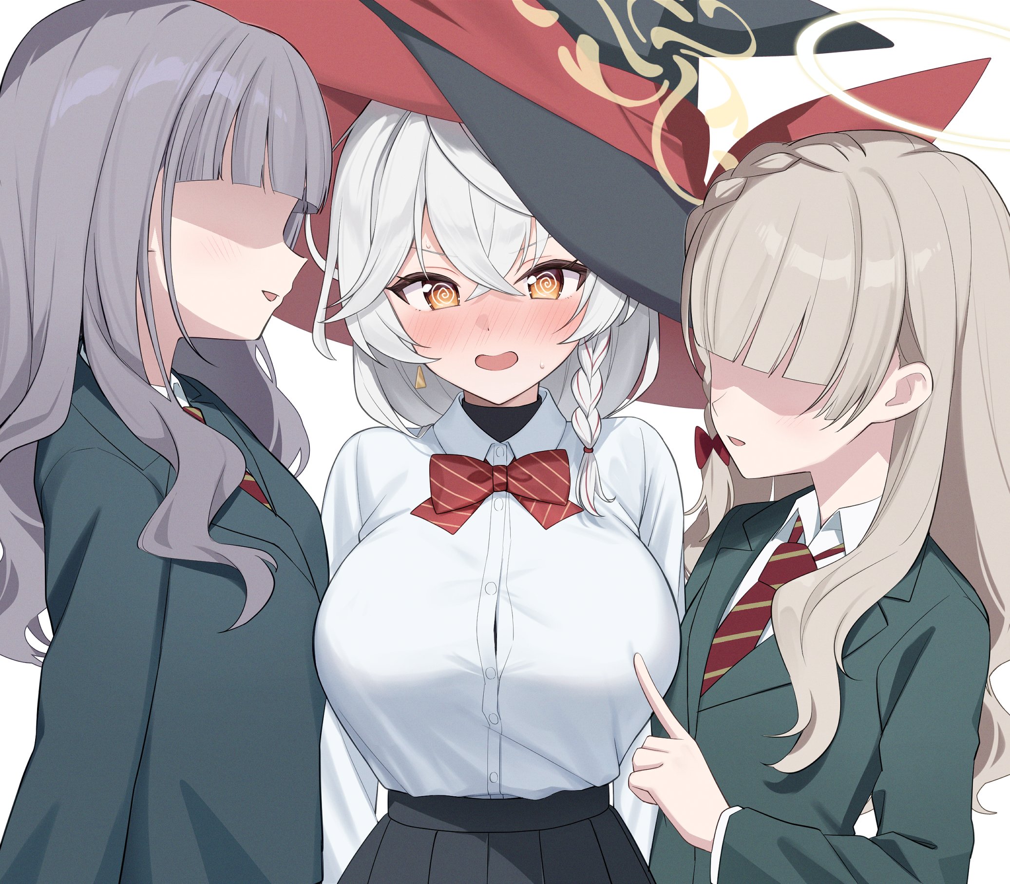mochiko (uyu omochi), eri (blue archive), blue archive, highres, 3girls, @ @, black skirt, blazer, blonde hair, blush, bow, bowtie, braid, breasts, girl sandwich, grey hair, hair over eyes, halo, hat, jacket, large breasts, long hair, long sleeves, multiple girls, necktie, open mouth, poking another's breast, red bow, red bowtie, sandwiched, shirt, simple background, skirt, smile, white background, white hair, white shirt, wildhunt art academy student (ar) (blue archive), wildhunt art academy student (smg) (blue archive), witch hat, yuri