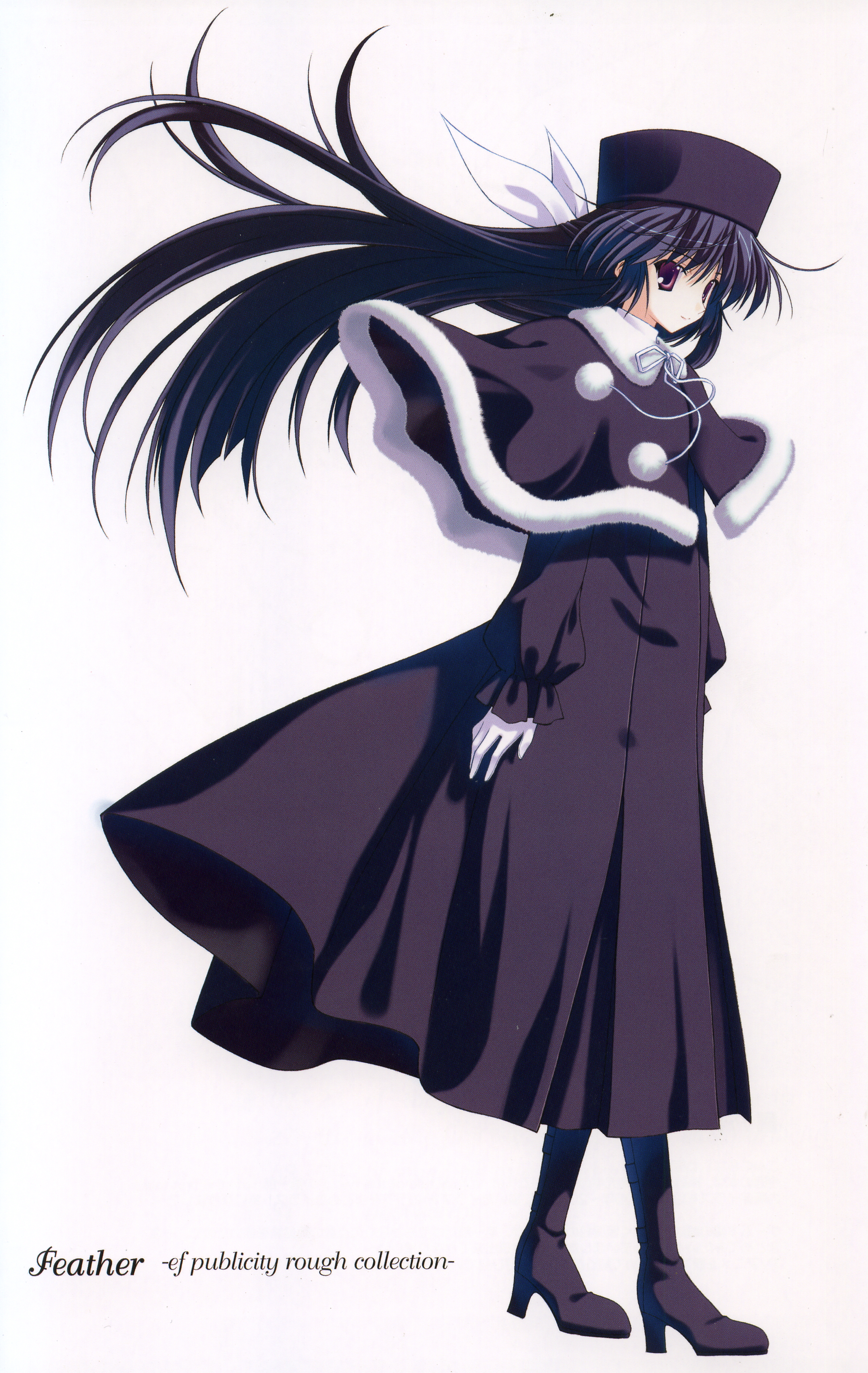 nanao naru, amamiya yuuko, ef (visual novel), ef ~a fairytale of the two~, absurdres, highres, scan, 00s, 1girl, blue hair, boots, bow, female focus, full body, gloves, hair bow, hat, long hair, purple eyes, smile, solo, standing, white background, white gloves, winter clothes