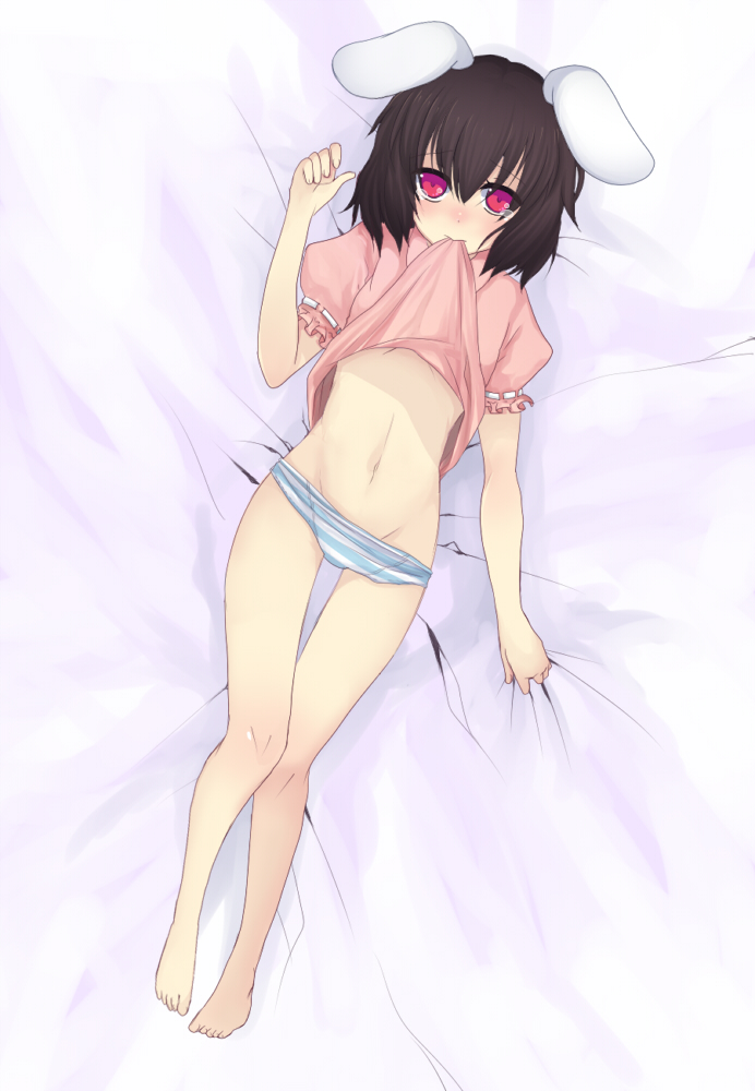 harano, inaba tewi, touhou, 1girl, animal ears, barefoot, bed sheet, black hair, brown hair, clothes lift, female focus, from above, groin, lying, midriff, mouth hold, navel, panties, rabbit ears, red eyes, sheet grab, shirt lift, skirt, skirt lift, solo, striped clothes, striped panties, tears, underwear
