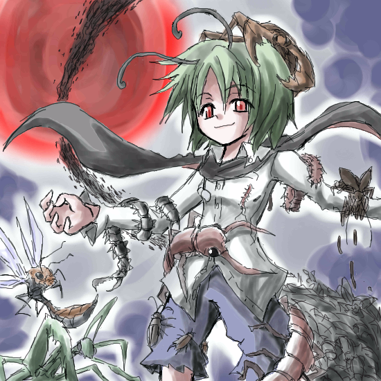 suichuu hanabi, wriggle nightbug, touhou, 1girl, antennae, bug, cape, female focus, fusuma, green hair, red eyes, sliding doors, solo