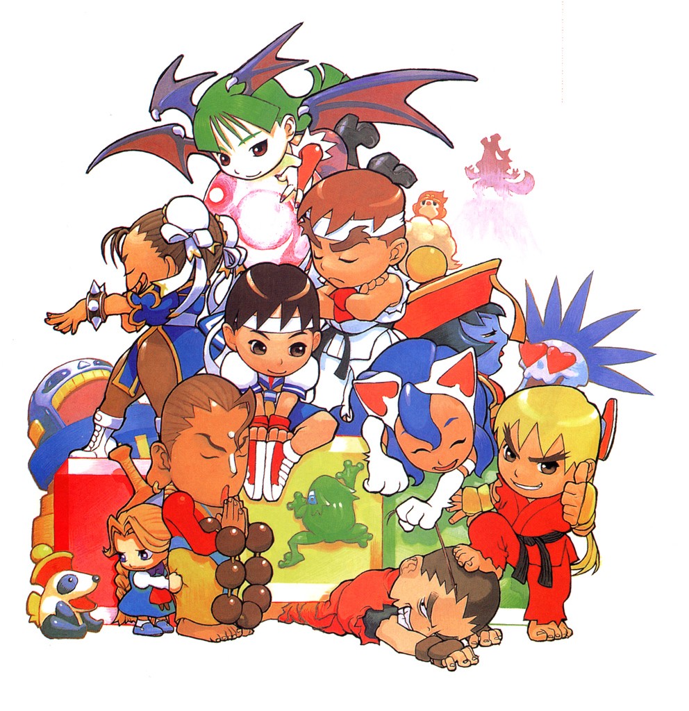 bengus, ikeno daigo, anita (darkstalkers), chun-li, donovan baine, felicia (darkstalkers), hibiki dan, hsien-ko, jon talbain, kasugano sakura, ken masters, lord raptor, morrigan aensland, ryu (street fighter), capcom, darkstalkers, puzzle fighter, street fighter, street fighter i, street fighter ii (series), street fighter zero (series), print legwear, official art, 1990s (style), 4boys, 6+girls, animal ears, animal hands, animal print, bat print, bat wings, beads, black eyes, black hair, blonde hair, blue hair, blue sailor collar, blue skin, boots, breasts, brown eyes, brown hair, bun cover, cat ears, chibi, china dress, chinese clothes, cloud, colored skin, crossover, demon girl, double bun, dress, egg, elbow gloves, everyone, fingerless gloves, frog, gloves, green eyes, green hair, hair bun, hat, head wings, headband, heart, howling, jewelry, long hair, montain, mountain, multiple boys, multiple girls, necklace, panda, panties, pantyhose, pelvic curtain, red eyes, red hair, retro artstyle, sailor collar, school uniform, serafuku, short hair, sitting, skirt, socks, thighhighs, thighs, underwear, wings