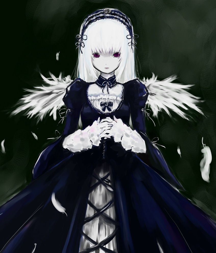 haruyuki, suigintou, rozen maiden, 00s, feathers, long hair, pale skin, purple eyes, solo, white hair, wings
