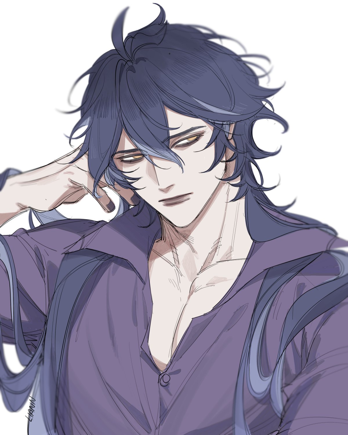 liann1009, flins (genshin impact), genshin impact, commentary, english commentary, highres, 1boy, ahoge, alternate costume, antenna hair, arm up, bags under eyes, blue hair, collarbone, curly hair, hair between eyes, hand on own cheek, hand on own face, head tilt, huge ahoge, long hair, long sleeves, looking to the side, multicolored hair, muscular, muscular male, pajamas, pectoral cleavage, pectorals, purple nails, simple background, solo, thick lips, upper body, white background, yellow eyes