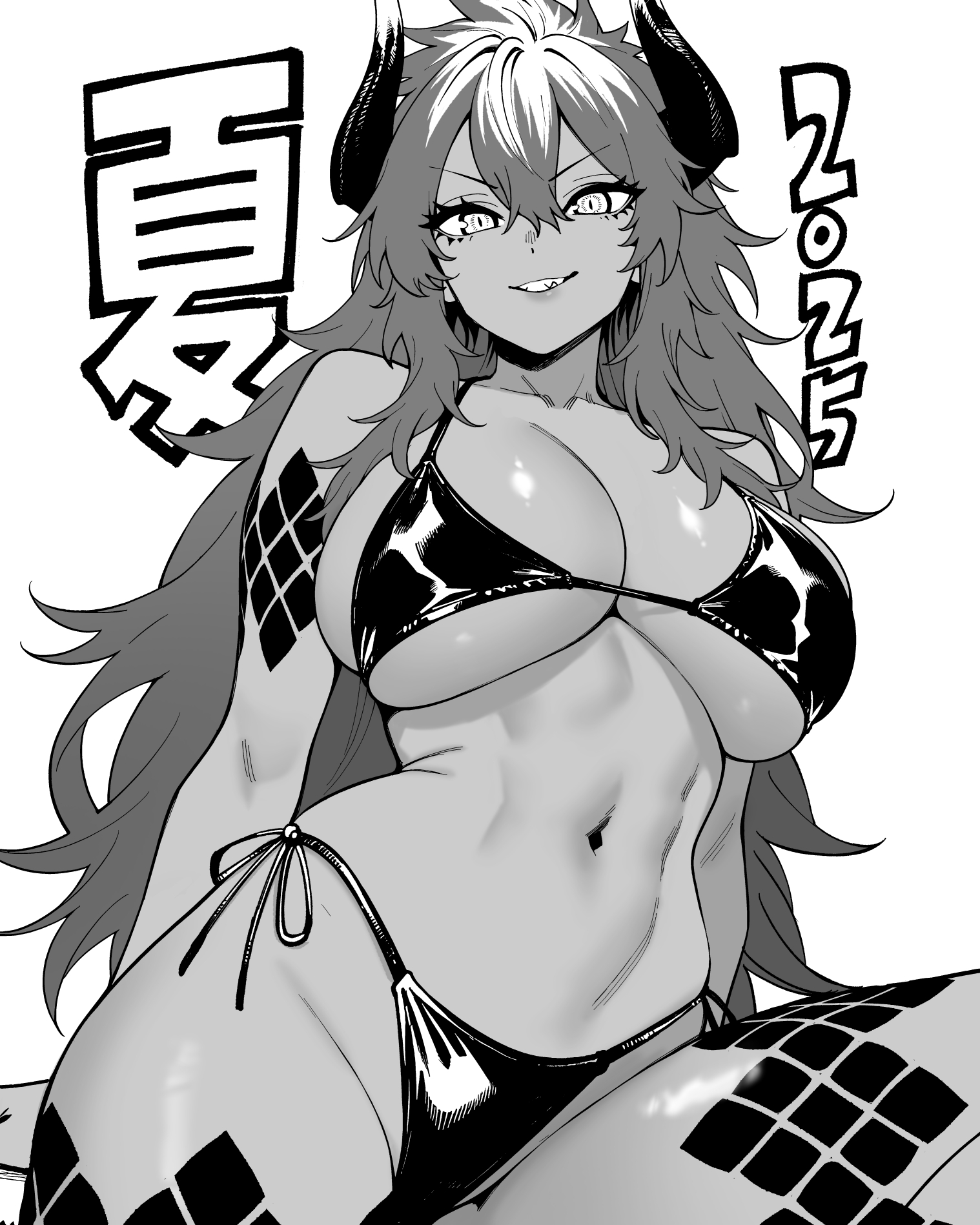 otosama, dragon king naga, senki survival saga – isekai no unmei wo kaketa mujintou fujun iseikouyuu, highres, 1girl, bikini, breasts, cleavage, dark-skinned female, dark skin, greyscale, grin, hair between eyes, horns, large breasts, long hair, looking at viewer, monochrome, navel, scales, simple background, smile, solo, swimsuit, white background