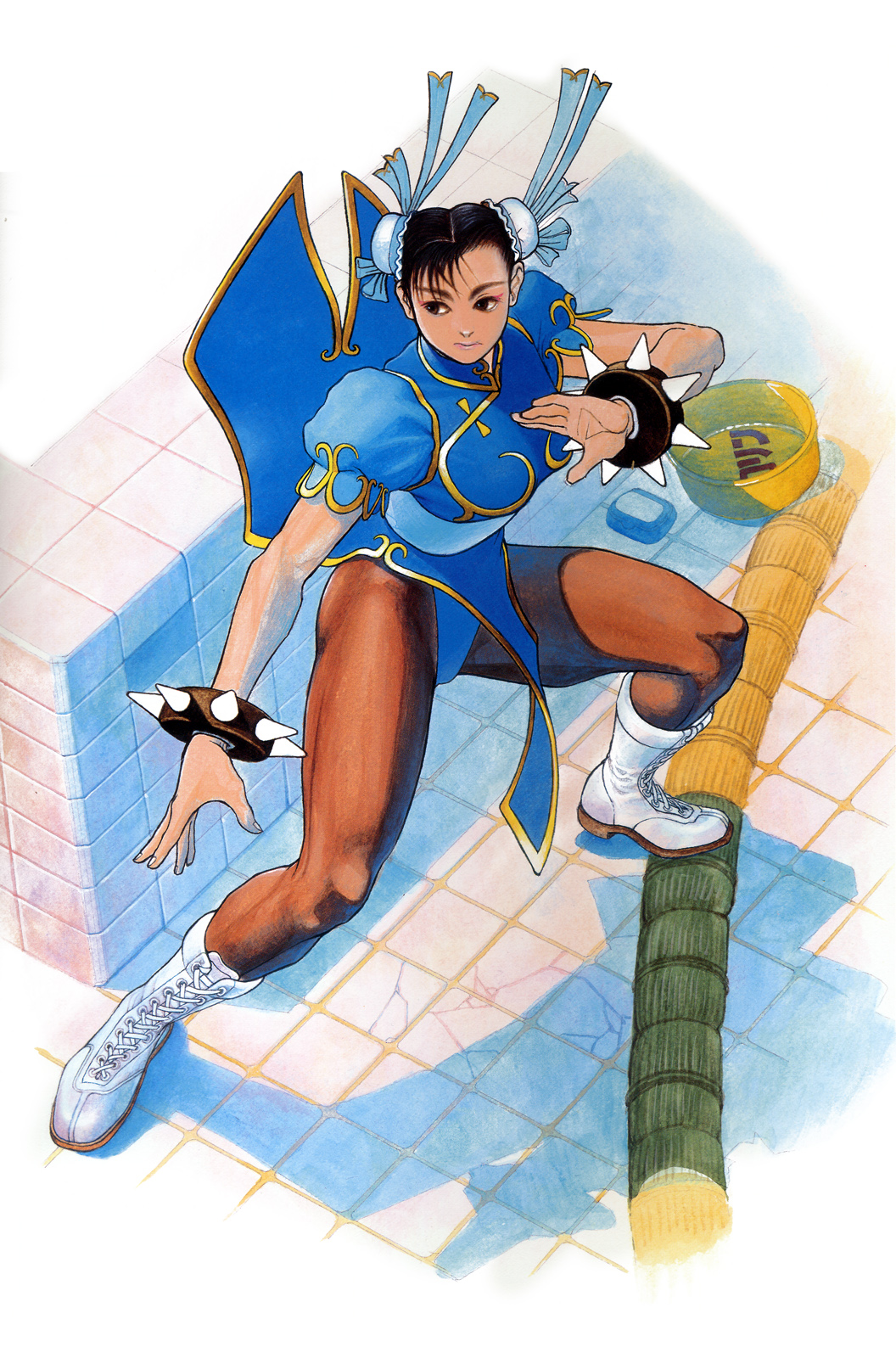 chun-li, capcom, street fighter, street fighter ii (series), highres, 1990s (style), 1girl, bracelet, bun cover, china dress, chinese clothes, double bun, dress, female focus, hair bun, jewelry, pantyhose, pelvic curtain, retro artstyle, solo, spiked bracelet, spikes