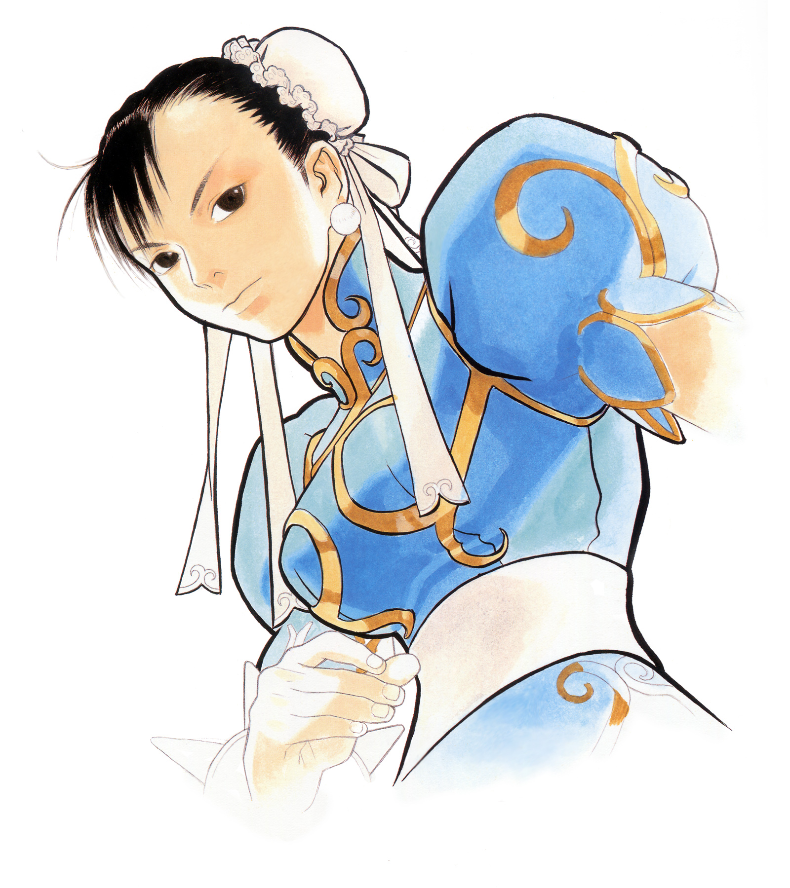 yasuda akira, chun-li, capcom, street fighter, highres, black hair, bun cover, china dress, chinese clothes, double bun, dress, solo