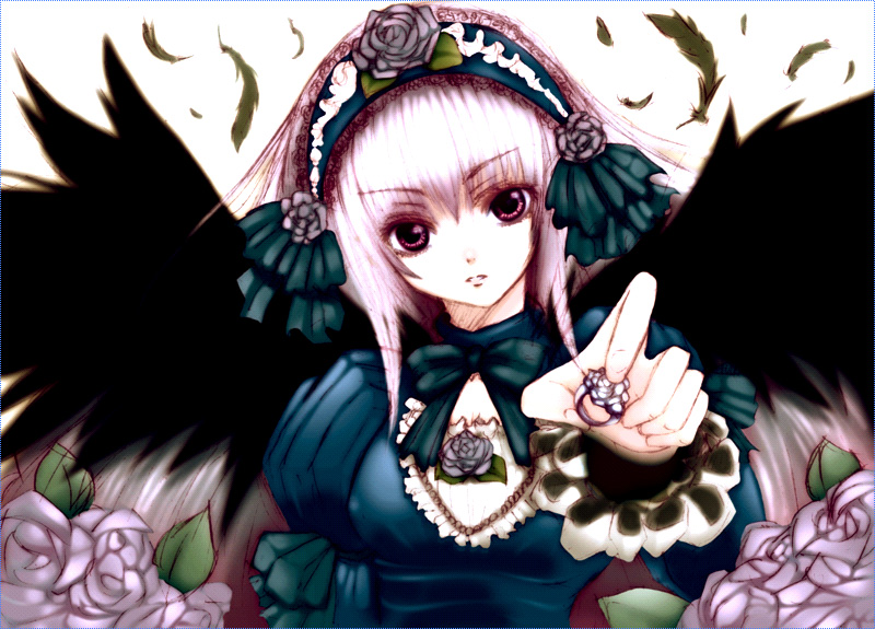 kannagi kaname, suigintou, rozen maiden, bad id, bad pixiv id, 00s, feathers, flower, jewelry, long hair, pale skin, ring, solo, wings