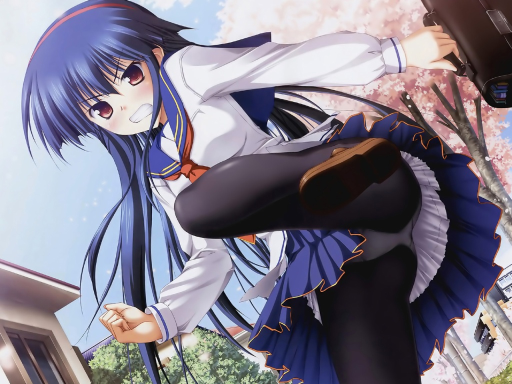 tsukimori hiro, aizawa nadeshiko, haruiro ouse, purple software, 1girl, blue hair, feet, female focus, high kick, kicking, long hair, panties, panties under pantyhose, pantyhose, pantyshot, ribbon, school uniform, serafuku, skirt, solo, underwear, upskirt