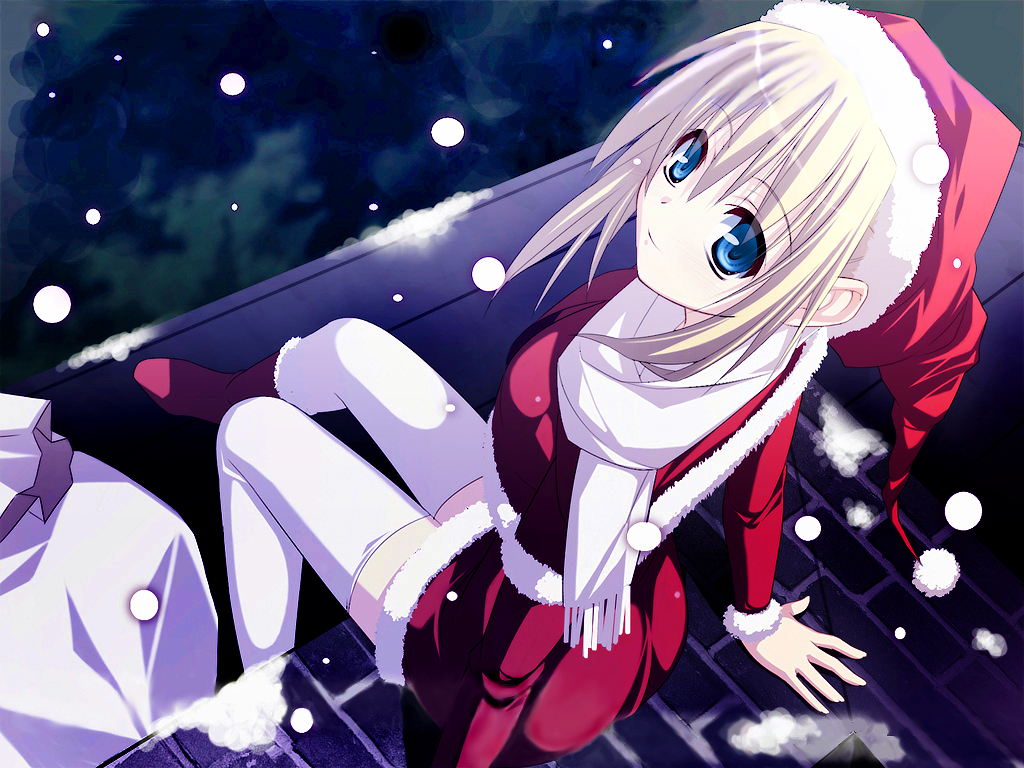ninozen, character request, source request, 1girl, blonde hair, blue eyes, christmas, female focus, from above, hat, looking at viewer, santa costume, santa hat, scarf, sitting, snowing, solo, thighhighs, white scarf, white thighhighs
