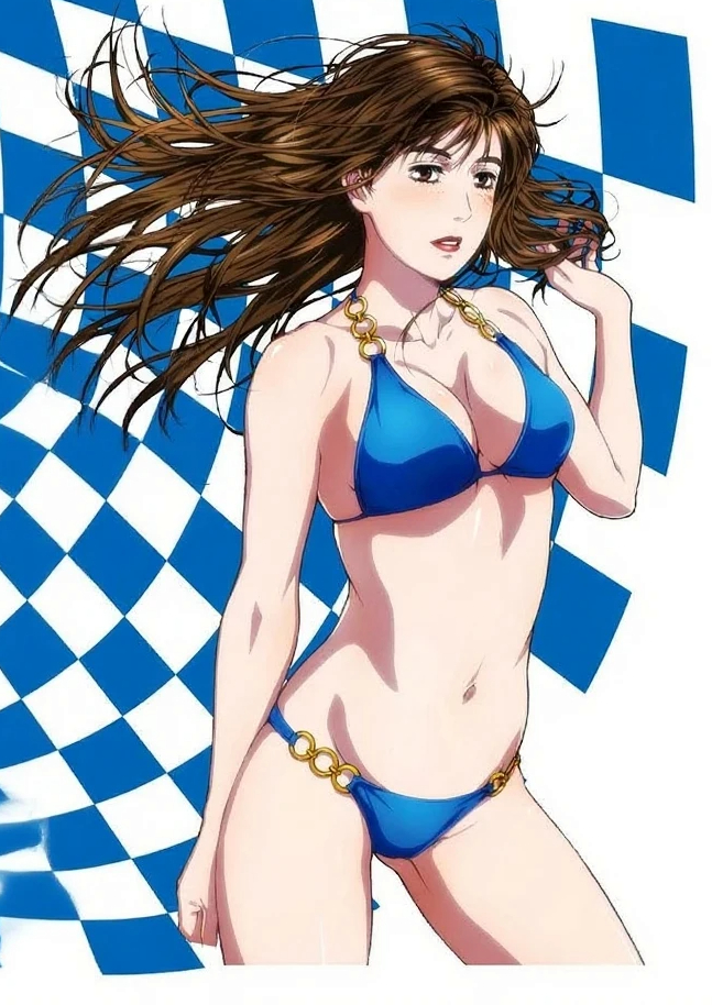 satou mako, initial d, shin gekijouban initial d, highres, official art, 1girl, belly, bikini, blue bikini, blush, bra, breasts, brown eyes, brown hair, cleavage, hair blowing, hand on own hip, hand up, legs, lipstick, long hair, makeup, medium breasts, midriff, navel, panties, solo, stomach, swimsuit, thighs, underwear