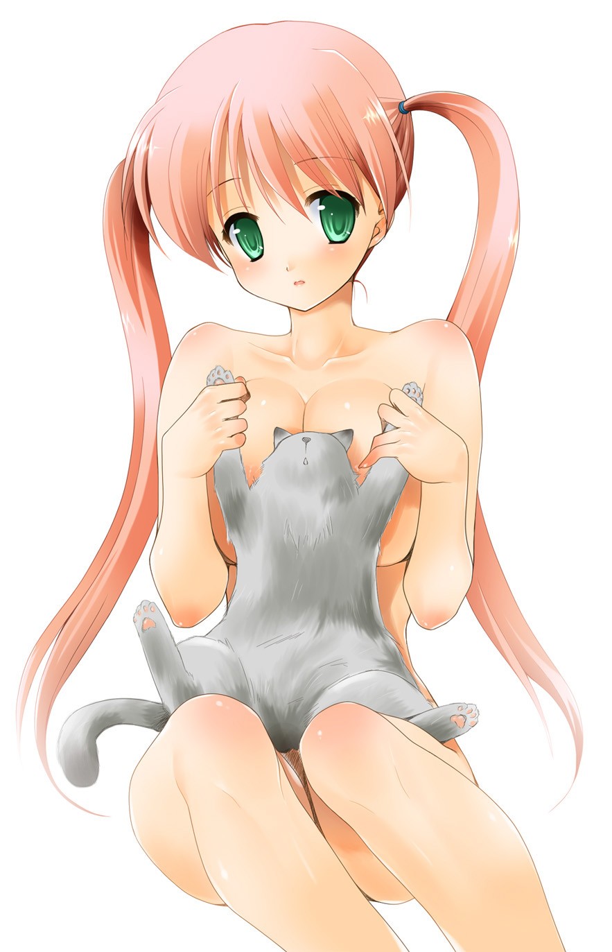 kurosawa kiyotaka, highres, blush, breasts, breasts squeezed together, cat, censored, convenient censoring, green eyes, huge breasts, large breasts, long hair, nude, red hair, solo, twintails