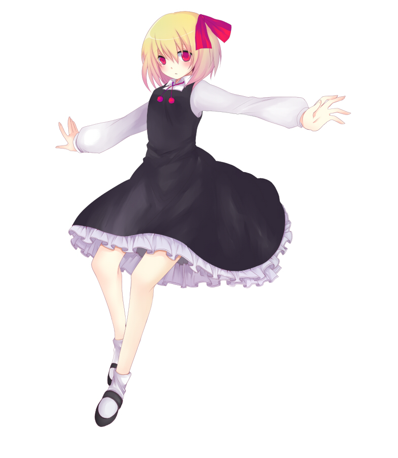 harano, rumia, embodiment of scarlet devil, touhou, bad id, bad pixiv id, 1girl, blonde hair, female focus, full body, hair ribbon, outstretched arms, red eyes, ribbon, short hair, simple background, solo, spread arms, white background
