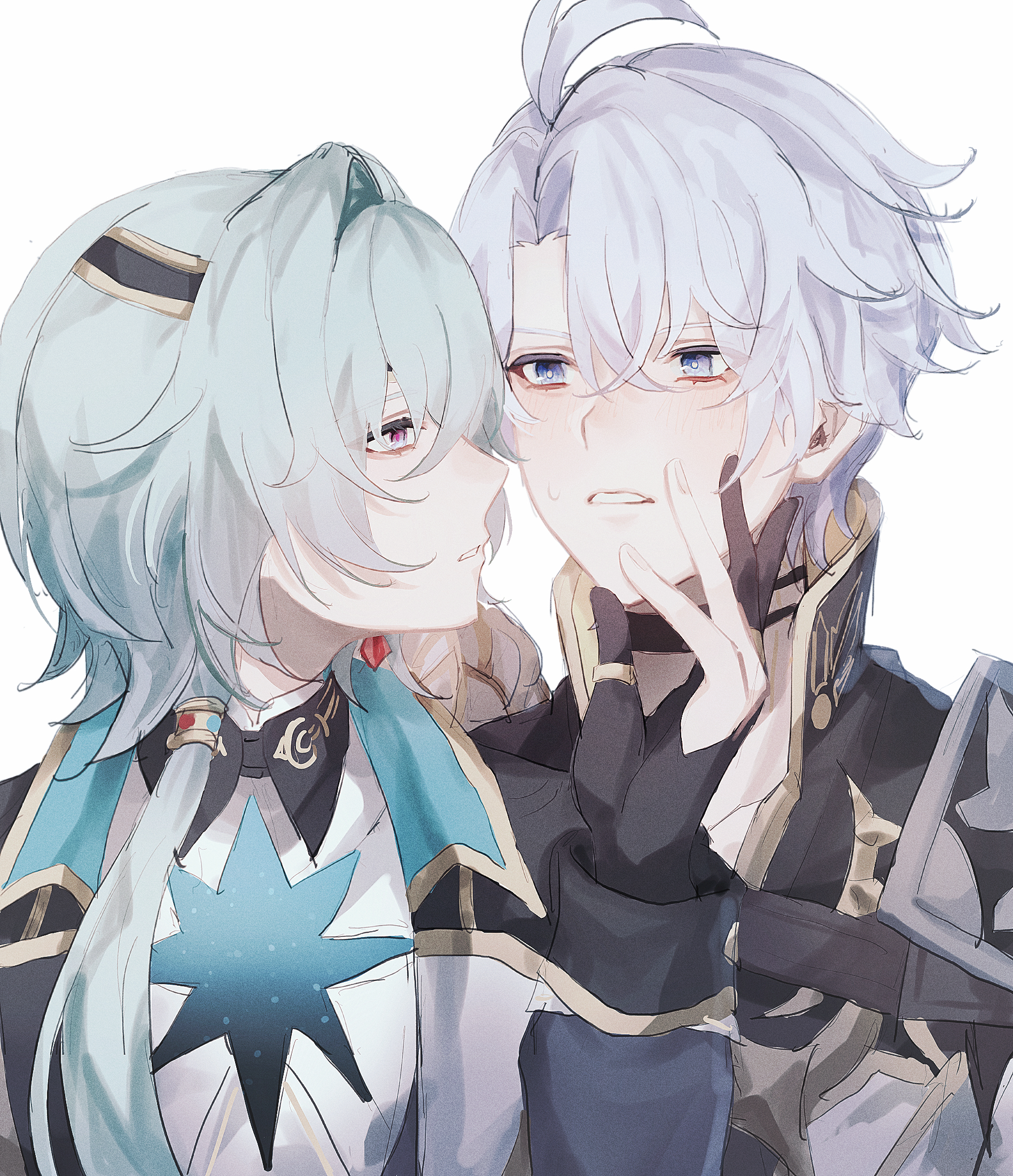 anaxa (honkai: star rail), phainon (honkai: star rail), honkai: star rail, honkai (series), highres, 2boys, aqua hair, armor, earrings, fz7047, gloves, grey hair, hair between eyes, hand up, jewelry, looking to the side, male focus, multiple boys, parted lips, partially fingerless gloves, pink pupils, profile, short hair, shoulder armor, side ponytail, simple background, single earring, teeth, upper body, white background, yaoi