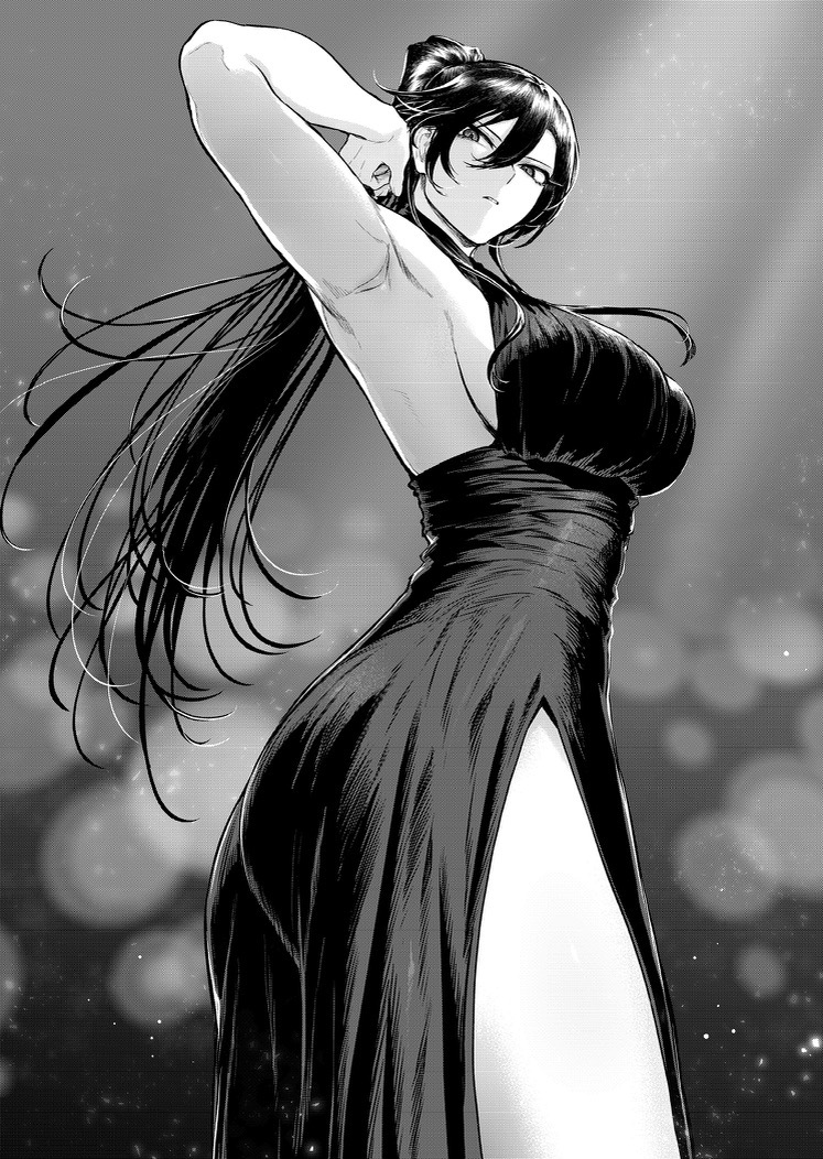 mashutarou (neko no oyashiro), official art, 1girl, armpits, ass, breasts, cowboy shot, dress, evening gown, from side, greyscale, huge breasts, kagura (kagurai), kagurai ~kagura and raito~, light particles, long hair, looking at viewer, looking down, monochrome, parted lips, ponytail, side slit, sleeveless, sleeveless dress, solo, tall female, very long hair