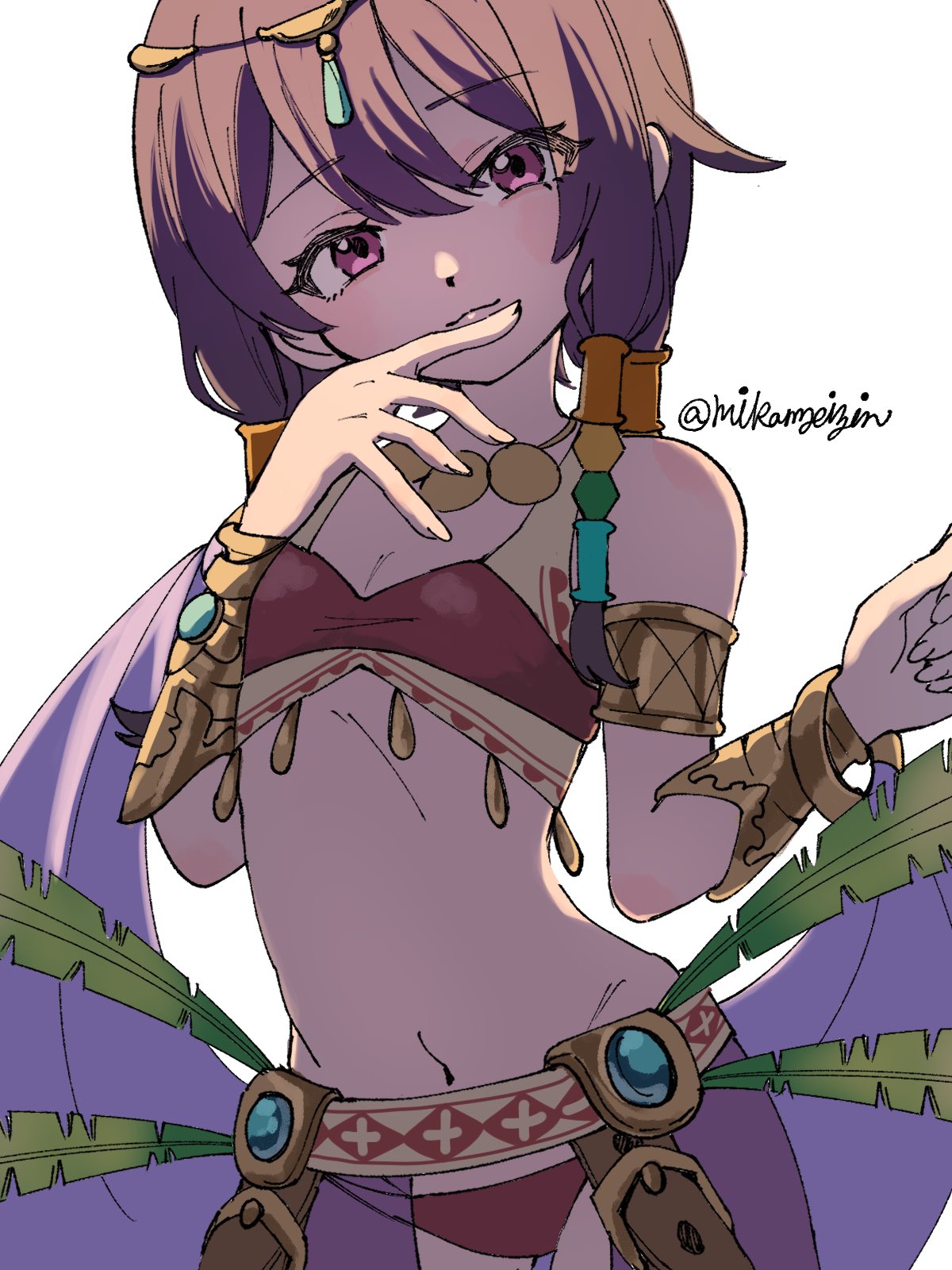 mikamseizin, dancer (sekaiju), swordsman (sekaiju 4), swordsman 3 (sekaiju 4), etrian odyssey, sekaiju no meikyuu, sekaiju no meikyuu 4, highres, 1girl, armlet, black hair, circlet, cosplay, cowboy shot, dancer (sekaiju) (cosplay), feathers, flat chest, gold bracer, jewelry, navel, pink eyes, solo