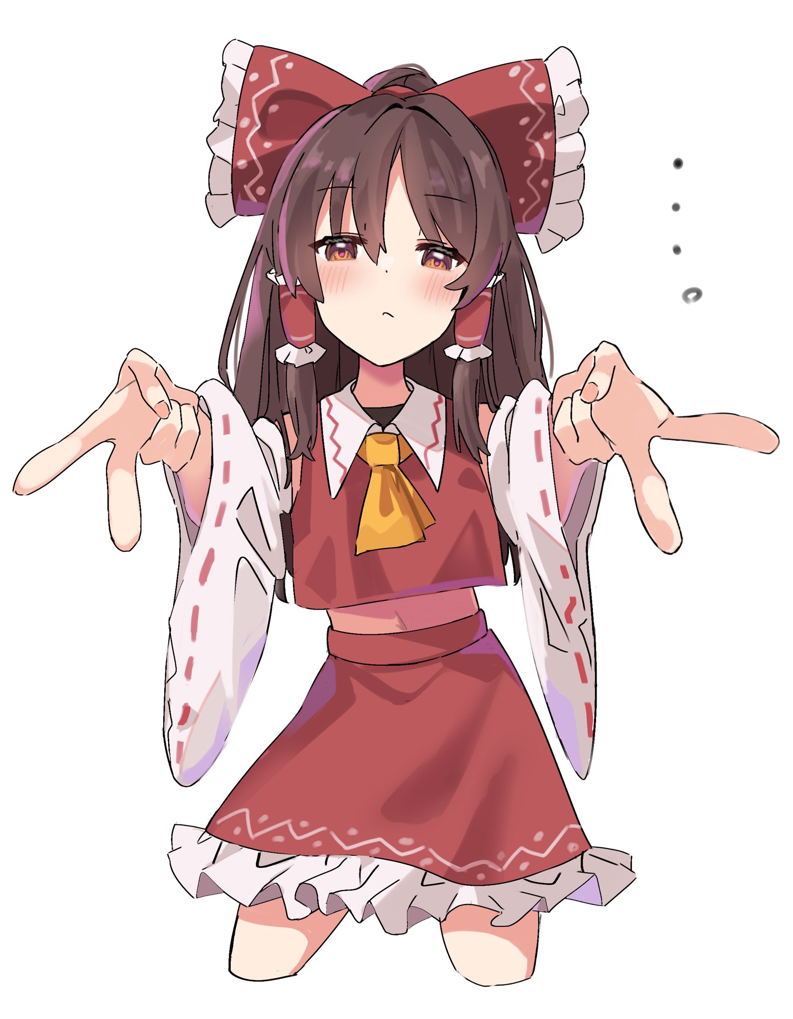 esujii (sg gush wak), hakurei reimu, touhou, commentary, highres, …, 1girl, ascot, blush, bow, brown eyes, brown hair, closed mouth, cropped legs, detached sleeves, dot nose, double v, frilled bow, frilled skirt, frills, hair between eyes, hair bow, hair tubes, light frown, long hair, looking at viewer, midriff peek, red bow, red shirt, red skirt, shirt, skirt, solo, v, white background, yellow ascot