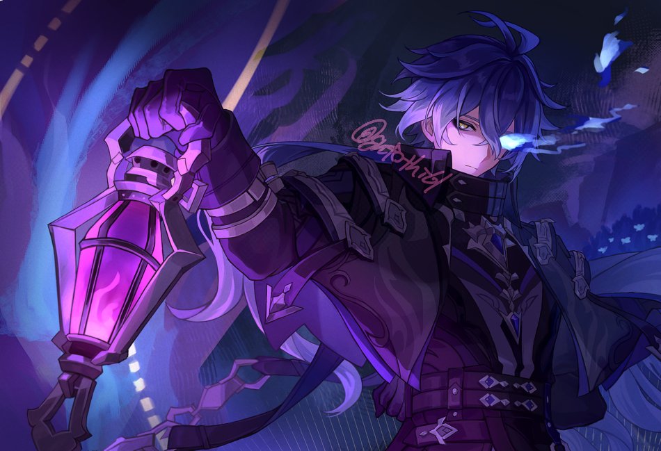 suitchi (gn4othi61), flins (genshin impact), genshin impact, 1boy, ahoge, antenna hair, arm up, artist name, bags under eyes, black coat, black gloves, blue hair, closed mouth, coat, expressionless, flaming eye, gloves, glowing, hair between eyes, head tilt, holding, holding lantern, huge ahoge, lantern, long hair, long sleeves, looking at viewer, looking to the side, multicolored hair, no pupils, outdoors, shade, shaded face, solo, twitter username, upper body, yellow eyes