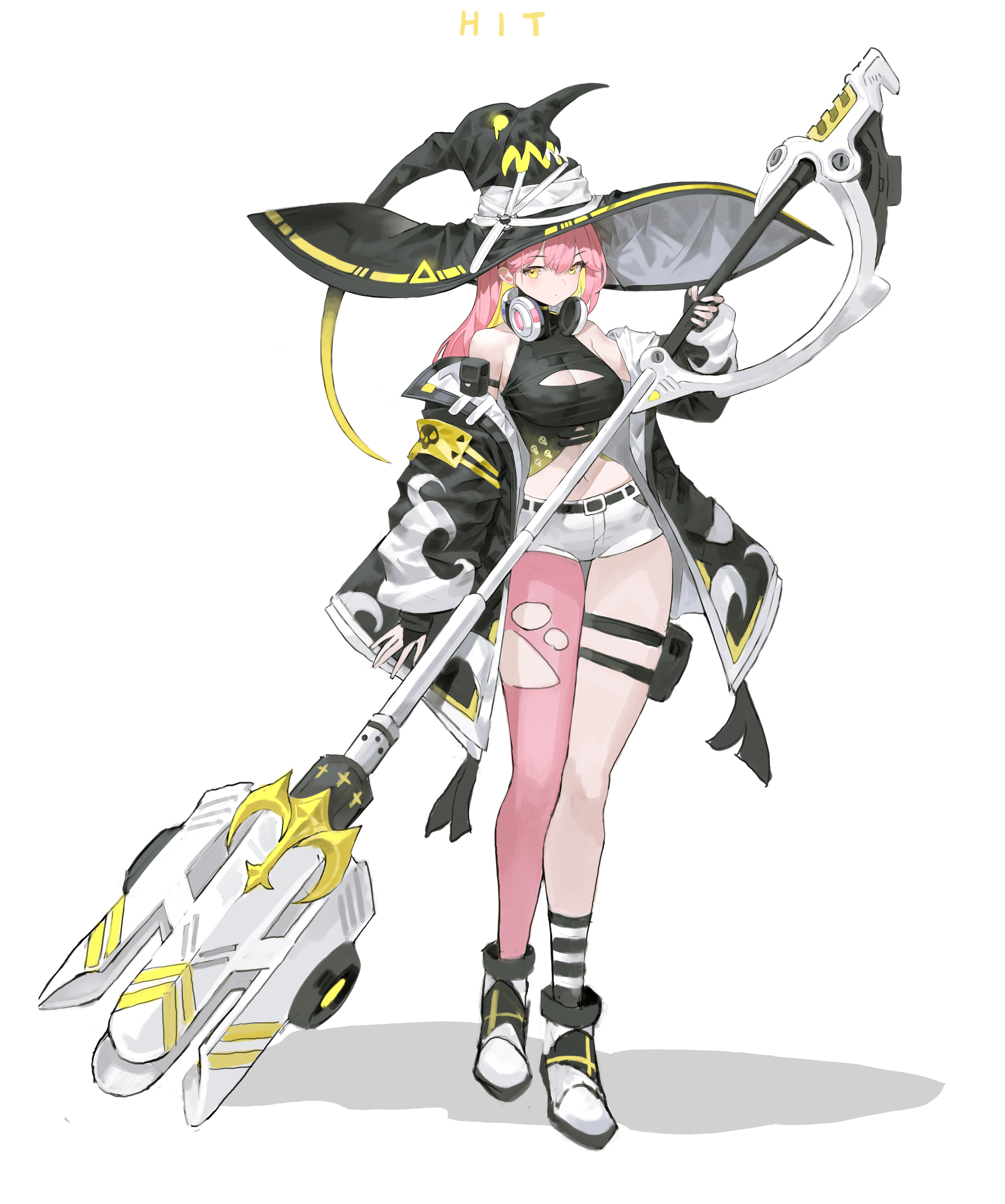 arowana2111, original, absurdres, commentary, highres, 1girl, belt, black shirt, breasts, cleavage, cleavage cutout, clothing cutout, full body, hat, headphones, headphones around neck, holding, holding weapon, jacket, large breasts, looking at viewer, midriff, navel, open clothes, open jacket, pantyhose, pantyhose under shorts, pink hair, pink pantyhose, pouch, shirt, short shorts, shorts, simple background, single leg pantyhose, sleeveless, sleeveless shirt, solo, standing, thigh gap, thigh pouch, torn clothes, torn pantyhose, turtleneck, turtleneck shirt, weapon, white background, white shorts, witch hat, yellow eyes