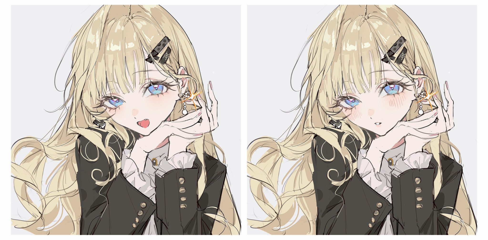 character request, copyright request, highres, 1girl, black jacket, blonde hair, blue eyes, blush, border, earrings, fang, frilled sleeves, frills, garasu ame1012, grey background, hair intakes, hair ornament, hands up, jacket, jewelry, long hair, looking at viewer, multiple views, open mouth, parted lips, simple background, smile, teeth, upper body, white border, white sleeves