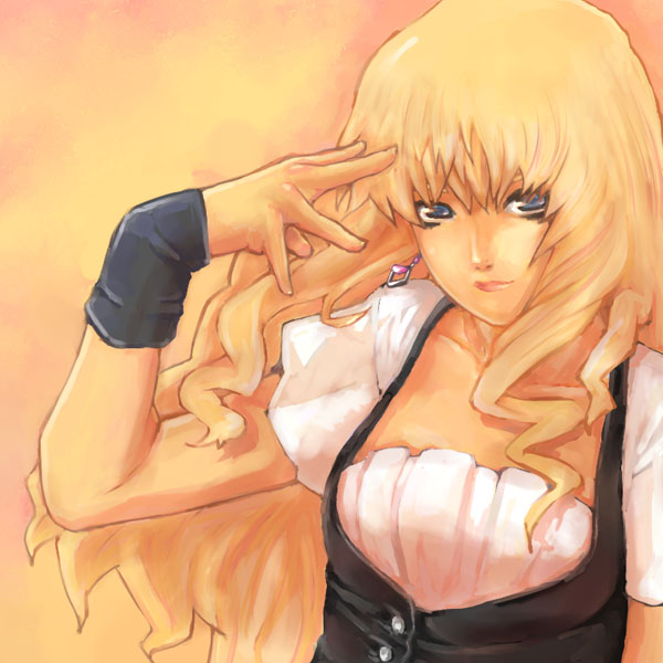 sheryl nome, macross, macross frontier, 00s, 1girl, arm warmers, black dress, blonde hair, closed mouth, collarbone, dress, earrings, female focus, jewelry, light smile, lips, puffy short sleeves, puffy sleeves, short sleeves, simple background, solo, upper body, wavy hair, yellow background