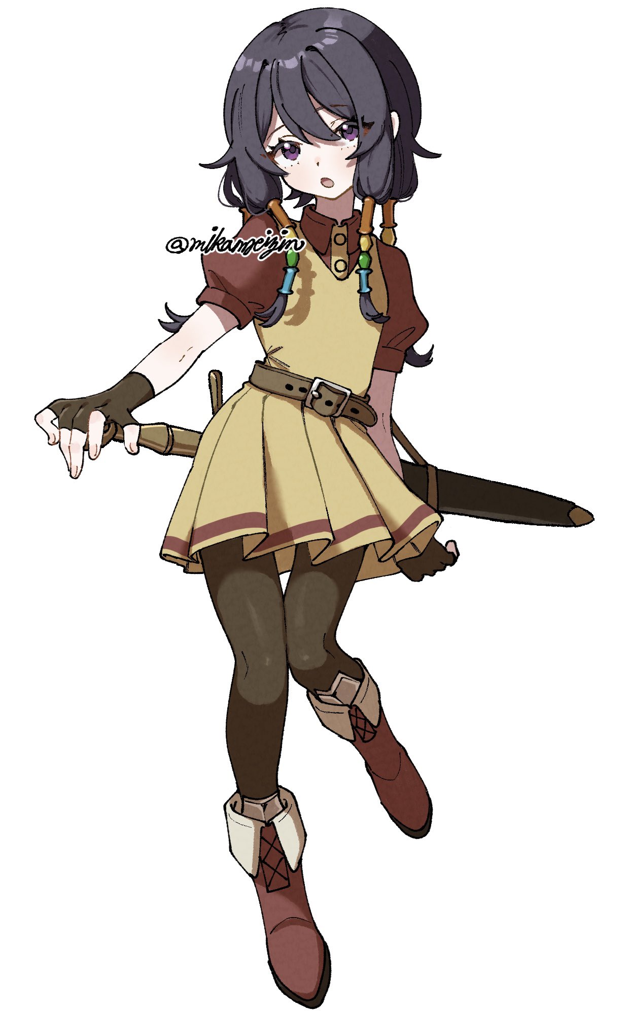 mikamseizin, swordsman (sekaiju 4), swordsman 3 (sekaiju 4), etrian odyssey, sekaiju no meikyuu, sekaiju no meikyuu 4, highres, 1girl, :o, alternate costume, beads, belt, black gloves, black hair, black pantyhose, boots, brown belt, brown boots, dress, fingerless gloves, gloves, hair beads, hair between eyes, hair ornament, pantyhose, puffy short sleeves, puffy sleeves, purple eyes, red shirt, shirt, short dress, short sleeves, simple background, solo, white background, yellow dress
