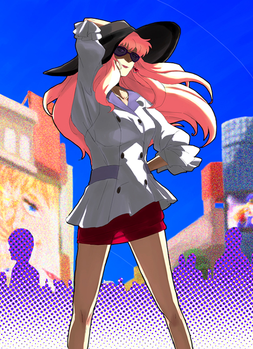 sheryl nome, macross, macross frontier, 00s, 1girl, blouse, earrings, female focus, hat, jewelry, lipstick, makeup, miniskirt, pink hair, shirt, skirt, smile, solo, sunglasses