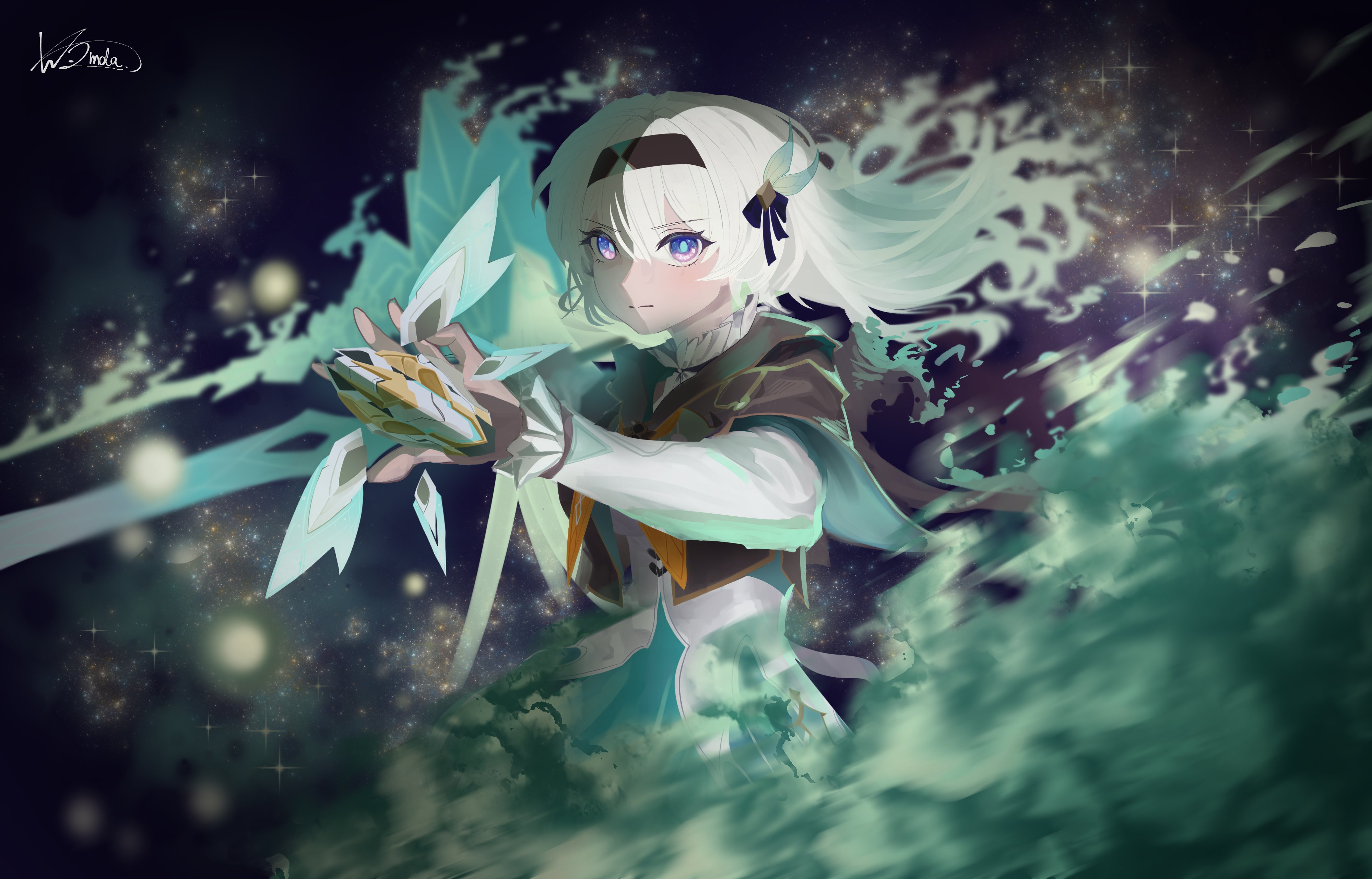 firefly (honkai: star rail), honkai: star rail, honkai (series), absurdres, highres, 1girl, aqua dress, black ribbon, blush, bridal gauntlets, brown hairband, brown jacket, closed mouth, collared dress, cropped jacket, dress, gradient hair, grey hair, hair between eyes, hair intakes, hair ornament, hairband, holding, huge molamola, jacket, long sleeves, multicolored hair, neckerchief, orange neckerchief, ribbon, signature, single bridal gauntlet, sky, solo, star (sky), starry sky, white sleeves