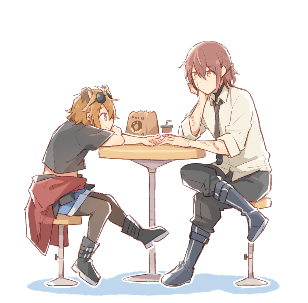 xinhao, commander (girls' frontline), grizzly mkv (girls' frontline), girls' frontline, animal ears, bear ears, black boots, boots, jacket, multiple girls, necktie, shirt, short hair, t-shirt