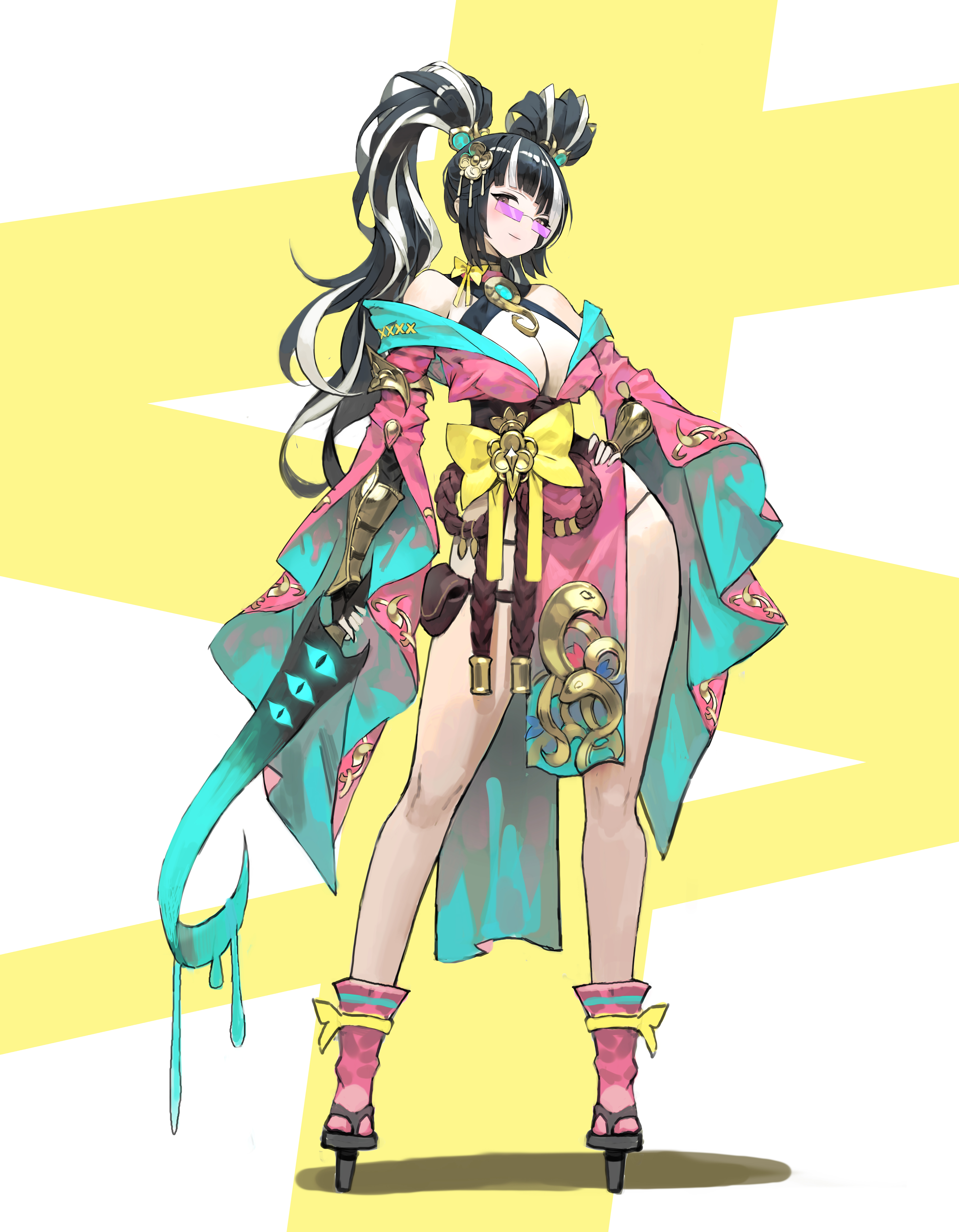 arowana2111, original, absurdres, commentary, highres, 1girl, bare shoulders, black hair, black panties, blue kimono, blush, breasts, full body, holding, holding sword, holding weapon, japanese clothes, kimono, large breasts, looking at viewer, obi, panties, pink kimono, pink socks, sash, smile, socks, solo, sword, twintails, two-tone kimono, underwear, weapon, white hair