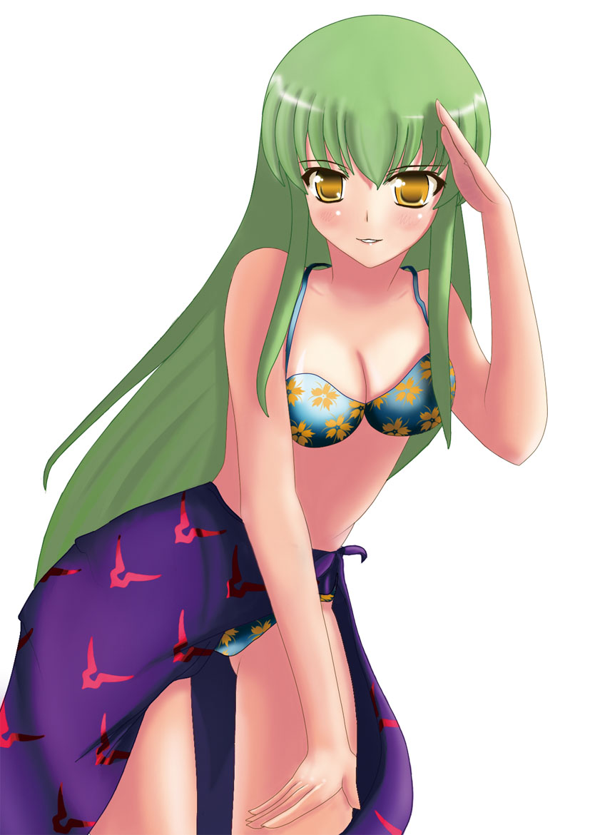 kitsune neko (koneko), koneko (nonnkimono), c.c., code geass, 00s, 1girl, bare shoulders, bikini, blush, breasts, cleavage, female focus, green hair, long hair, solo, swimsuit, white background, yellow eyes