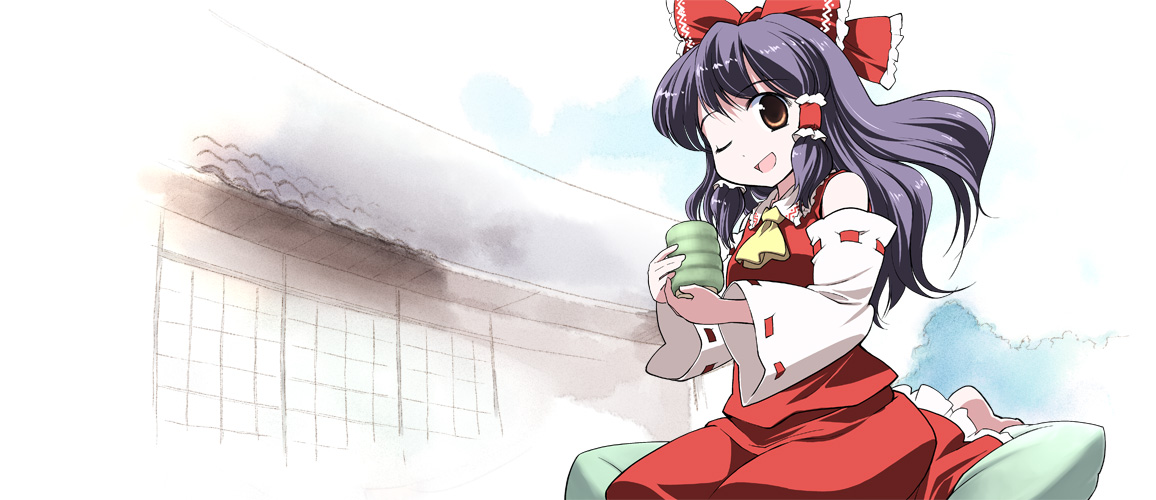 takahata yuki, hakurei reimu, imperishable night, touhou, 1girl, black hair, bow, brown eyes, detached sleeves, female focus, hair bow, hair ornament, long hair, one eye closed, open mouth, sitting, smile, solo, tea