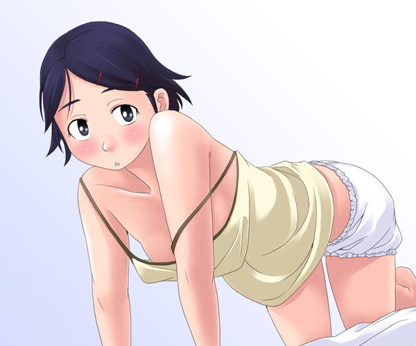 toshifumi, yamaguchi mami, maria-sama ga miteru, 00s, 1girl, all fours, barefoot, bent over, bloomers, blue eyes, blue hair, blush, boxers, camisole, downblouse, female focus, hair ornament, hairclip, male underwear, matching hair/eyes, midriff, no bra, off shoulder, short hair, solo, strap slip, underwear