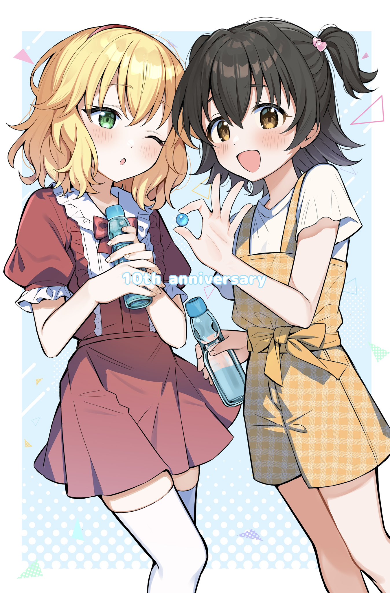 dddd akagi, akagi miria, sakurai momoka, idolmaster, idolmaster cinderella girls, commentary request, highres, 2girls, :o, anniversary, ball, black hair, blonde hair, blue background, blush, border, bottle, bow, brown eyes, checkered clothes, collar, dress, eyelashes, flat chest, frilled collar, frilled sleeves, frills, green eyes, hair between eyes, hair ornament, heart, heart hair ornament, holding, holding ball, holding bottle, looking at viewer, medium hair, multiple girls, one eye closed, open mouth, overall shorts, overalls, puffy short sleeves, puffy sleeves, ramune, red bow, red dress, shirt, short sleeves, sidelocks, smile, thighhighs, thighs, twintails, wavy hair, white border, white shirt, white thighhighs, yellow bow, yellow overalls, zettai ryouiki