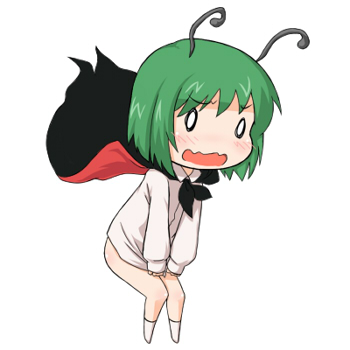 myonde, wriggle nightbug, touhou, lowres, 1girl, antennae, blush, bottomless, cape, female focus, no panties, o o, solo