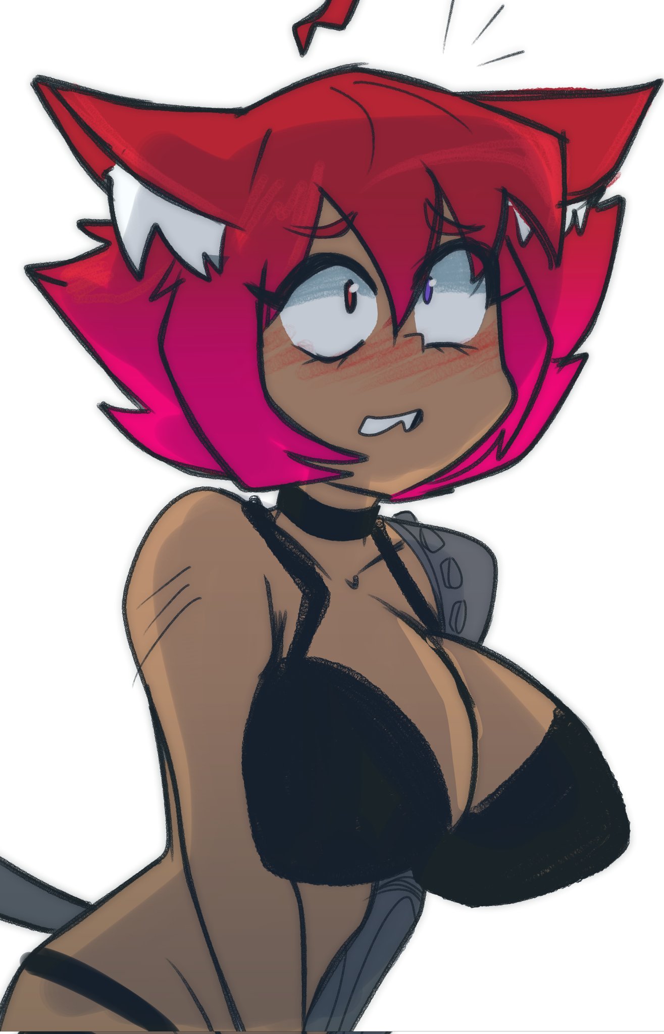 ekowrosmi, original, highres, 1girl, ahoge, animal ear fluff, animal ears, artist logo, artist name, bikini, black bikini, black collar, blush, breasts, cat ears, cleavage, collar, collarbone, dark-skinned female, dark skin, ears down, hetero, heterochromia, large breasts, logo, looking up, mechanical arms, mechanical tail, purple eyes, red eyes, red hair, shapherdess (ekowrosmi), short hair, solo, swimsuit, tail, tan, teeth, toned, toned female, toon (style), white background