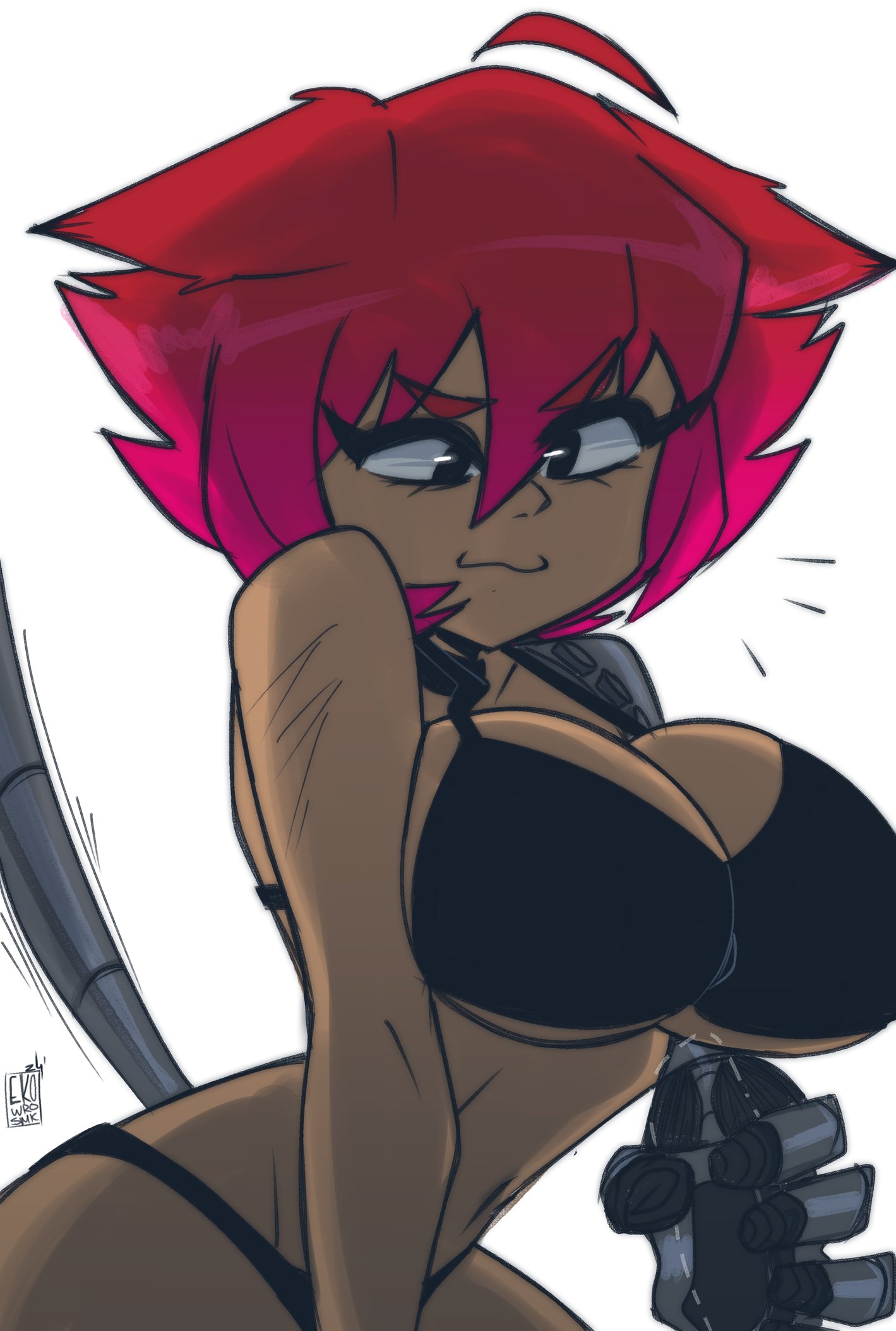 ekowrosmi, original, highres, 1boy, 1girl, ahoge, animal ear fluff, animal ears, artist logo, artist name, bikini, black bikini, black collar, breasts, cat ears, cleavage, closed mouth, collar, collarbone, dark-skinned female, dark skin, ears down, handjob, hetero, invisible penis, large breasts, logo, looking down, mechanical arms, mechanical tail, penis, red hair, shapherdess (ekowrosmi), short hair, sigh, smug, solo, solo focus, swimsuit, tail, tan, toned, toned female, toon (style), white background