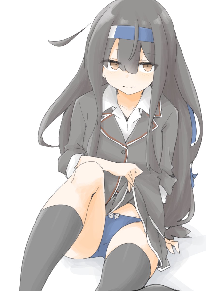 akara kai, hatsushimo (kancolle), hatsushimo kai ni (kancolle), kantai collection, highres, 1girl, asymmetrical legwear, black hair, black skirt, blazer, blue headband, blue panties, blush, brown eyes, hair between eyes, headband, jacket, kneehighs, lifting own clothes, long hair, looking at viewer, low-tied long hair, panties, pleated skirt, red eyes, school uniform, shirt, single kneehigh, single sock, single thighhigh, sitting, skirt, socks, solo, thighhighs, underwear, uneven legwear, white background