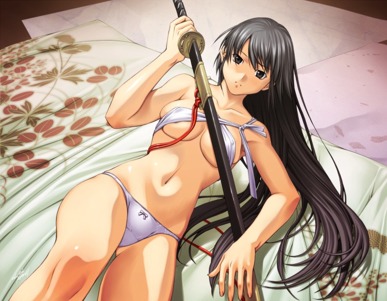 kamatori pokari, 1girl, black eyes, black hair, breasts, covered erect nipples, female focus, long hair, lying, medium breasts, panties, solo, sword, underboob, underwear, weapon