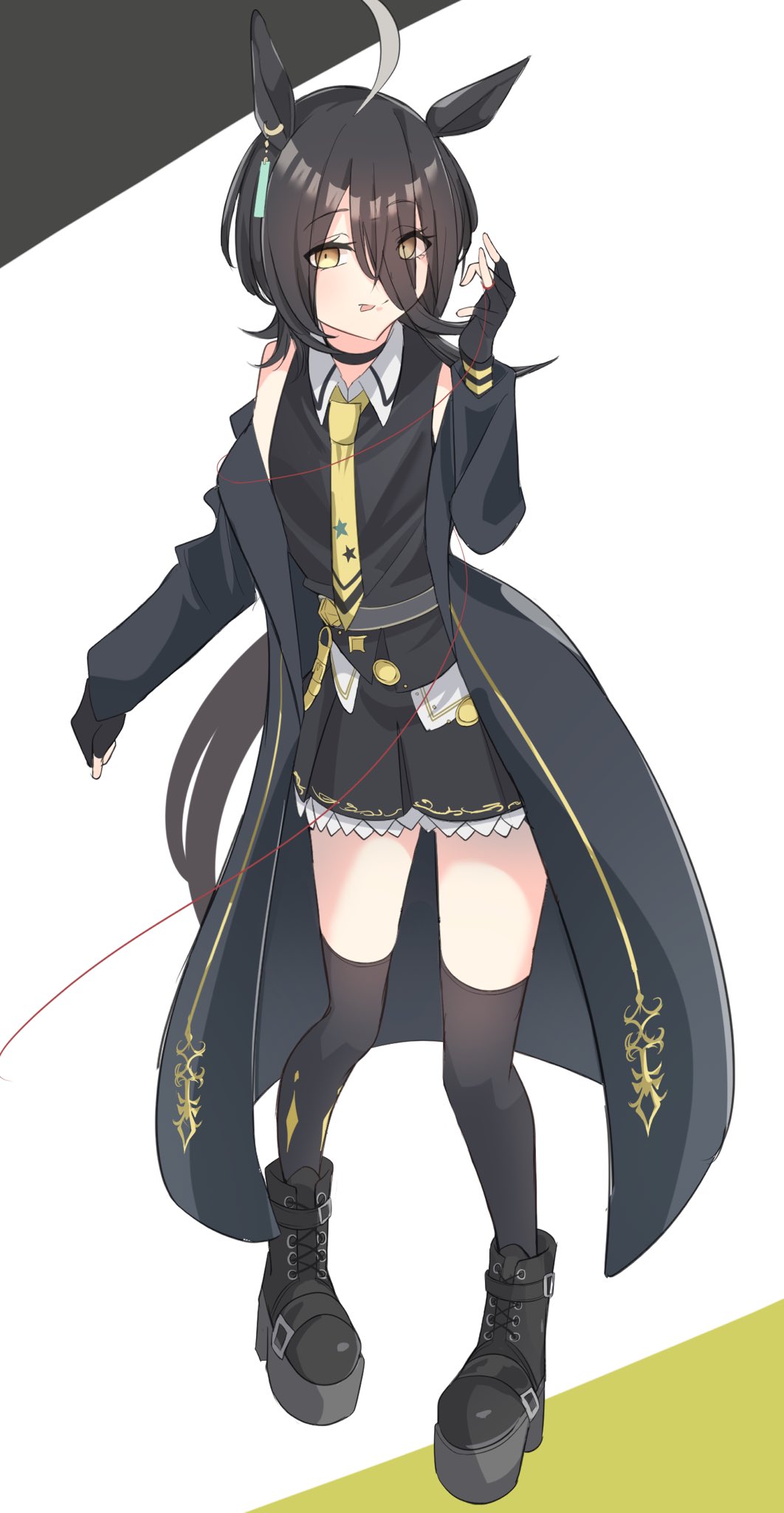 buckwheat638478, manhattan cafe (umamusume), umamusume, highres, 1girl, ahoge, alternate hair length, alternate hairstyle, belt, black belt, black boots, black choker, black coat, black gloves, black hair, black thighhighs, black vest, boots, choker, closed mouth, coat, collared shirt, ear ornament, ear tag, earrings, fingerless gloves, gloves, grey hair, hand up, head on pillow, jewelry, long sleeves, medium hair, multicolored hair, open clothes, open coat, pillow, platform boots, shirt, single earring, single off shoulder, sleeveless, sleeveless shirt, smile, solo, thighhighs, tongue, tongue out, vest, white shirt, wolf cut, yellow eyes