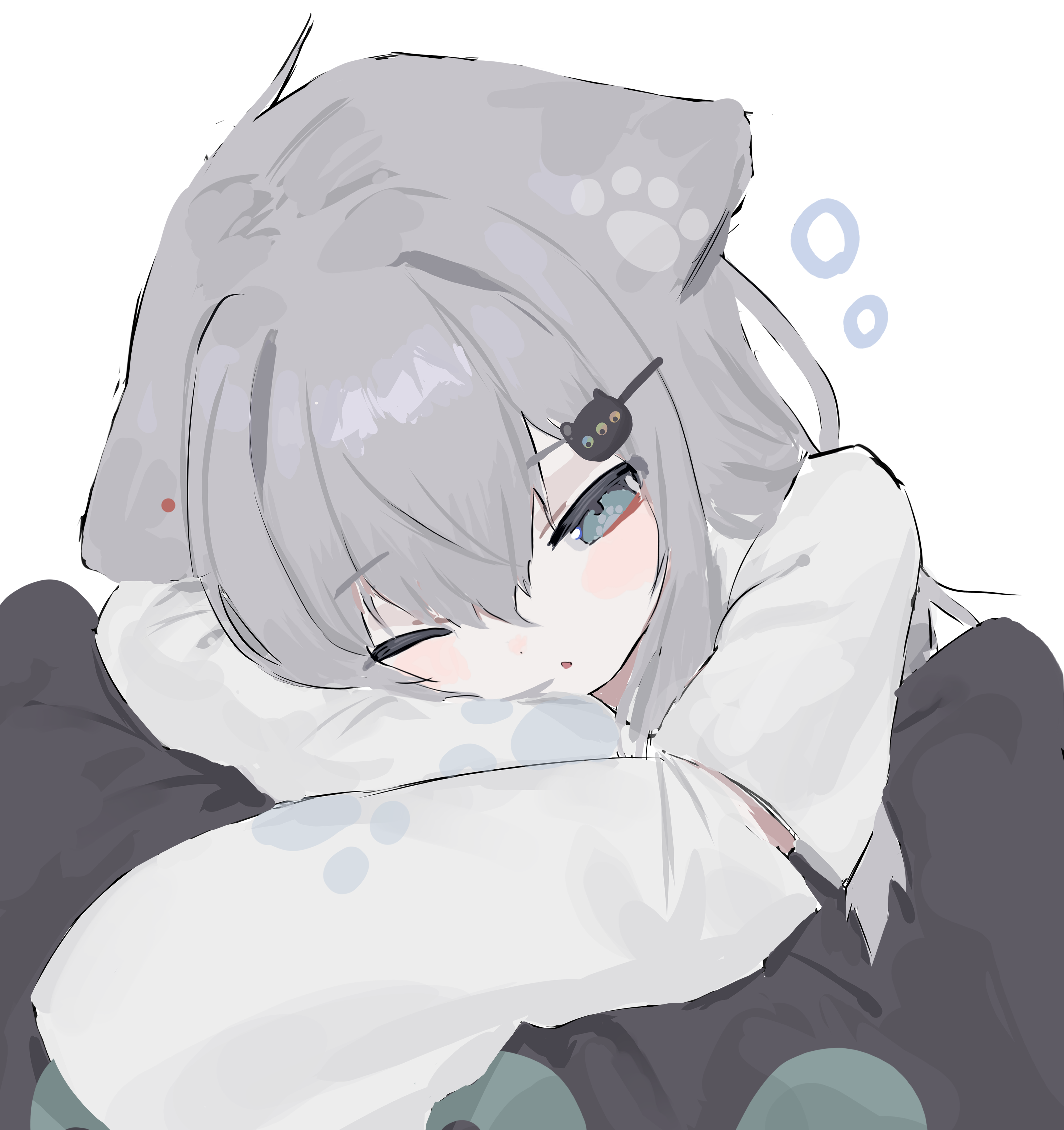 slepp, nachoneko, indie virtual youtuber, absurdres, highres, 1girl, :o, animal ears, blue eyes, cat ears, cat girl, cat hair ornament, ears down, grey hair, hair between eyes, hair intakes, hair ornament, long sleeves, one eye closed, paw in eye, simple background, sleeves past wrists, virtual youtuber, white background