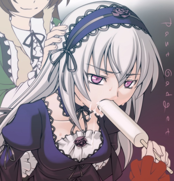 kamatori pokari, suigintou, suiseiseki, rozen maiden, eyebrows, silver hair, 00s, 3girls, black dress, brown hair, dress, flower, food, frills, green dress, hair ribbon, hairband, ice cream, lolita hairband, long sleeves, melting, multiple girls, pink eyes, popsicle, red dress, ribbon, rose, sexually suggestive, solo focus, upper body
