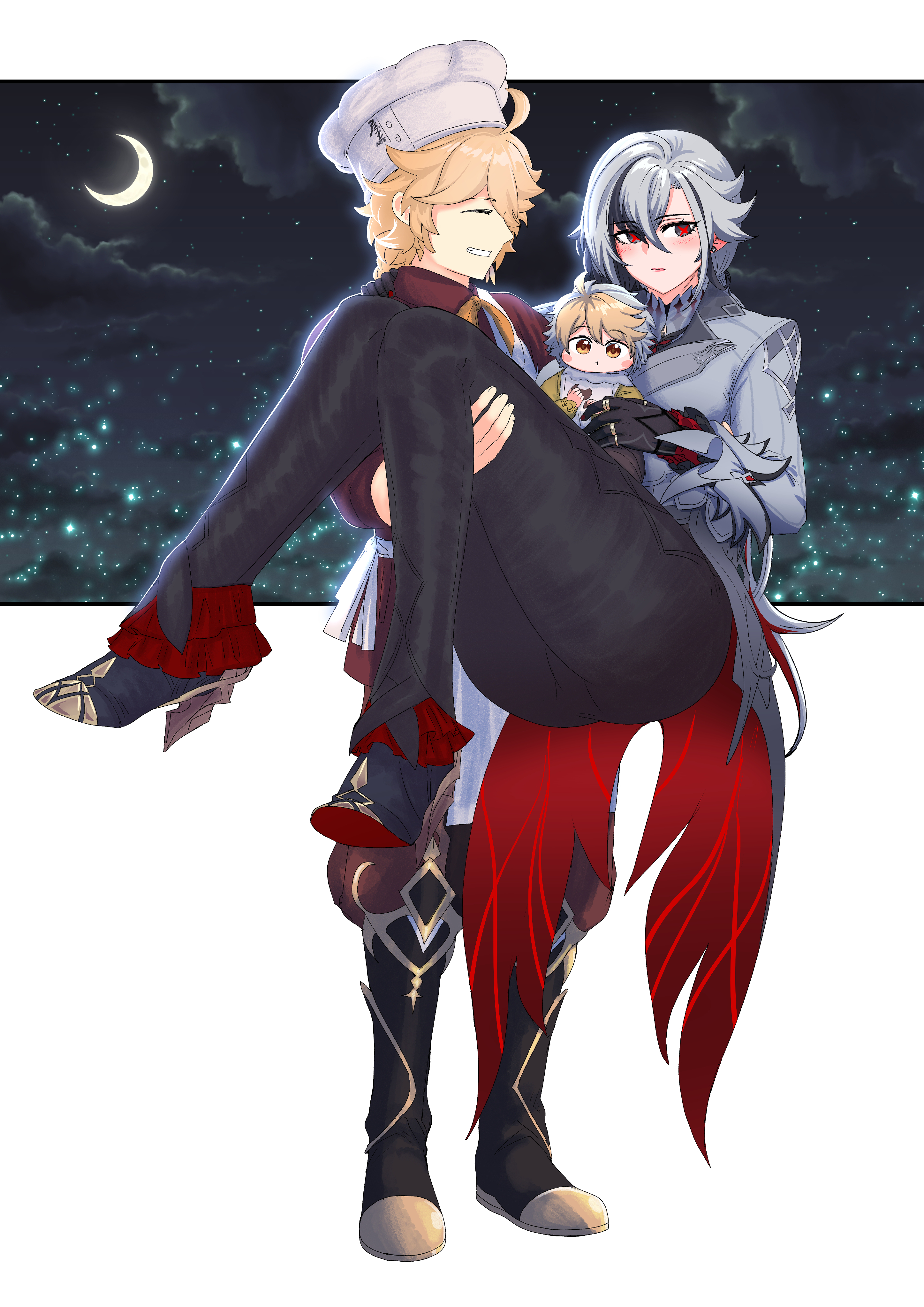 aepuru arts, aether (genshin impact), arlecchino (genshin impact), genshin impact, absurdres, highres, 1boy, 1girl, 1other, :t, ahoge, alternate costume, apron, baby, black hair, black skin, blonde hair, blush, blush stickers, boots, carrying, carrying person, chef hat, closed eyes, closed mouth, coat, colored extremities, colored skin, couple, crescent moon, ear blush, earrings, eating, family, fingernails, food, full body, grey coat, grey eyes, grey hair, grey skin, grin, hair between eyes, hat, hetero, high heels, holding, holding food, if they mated, jewelry, long hair, long sleeves, looking at viewer, low ponytail, moon, multicolored hair, multicolored skin, multiple rings, nail polish, night, night sky, pants, ponytail, princess carry, red hair, red nails, red pupils, red shirt, ring, shirt, shoes, short hair, sky, smile, standing, symbol-shaped pupils, two-tone hair, very long hair, x-shaped pupils, yellow eyes