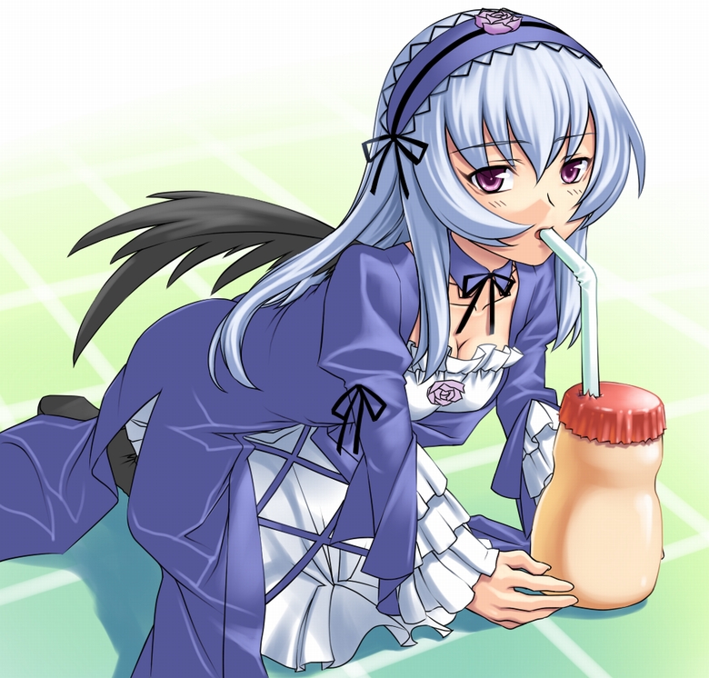 kamatori pokari, suigintou, rozen maiden, yakult, silver hair, 00s, 1girl, breasts, cleavage, dress, drinking, drinking straw, female focus, flower, frills, gothic lolita, hairband, lolita fashion, long hair, looking at viewer, open mouth, purple eyes, ribbon, rose, simple background, solo, wings