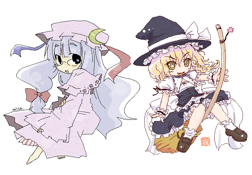 neru fia, kirisame marisa, patchouli knowledge, touhou, 2girls, bespectacled, broom, chibi, female focus, glasses, hat, multiple girls, witch, witch hat