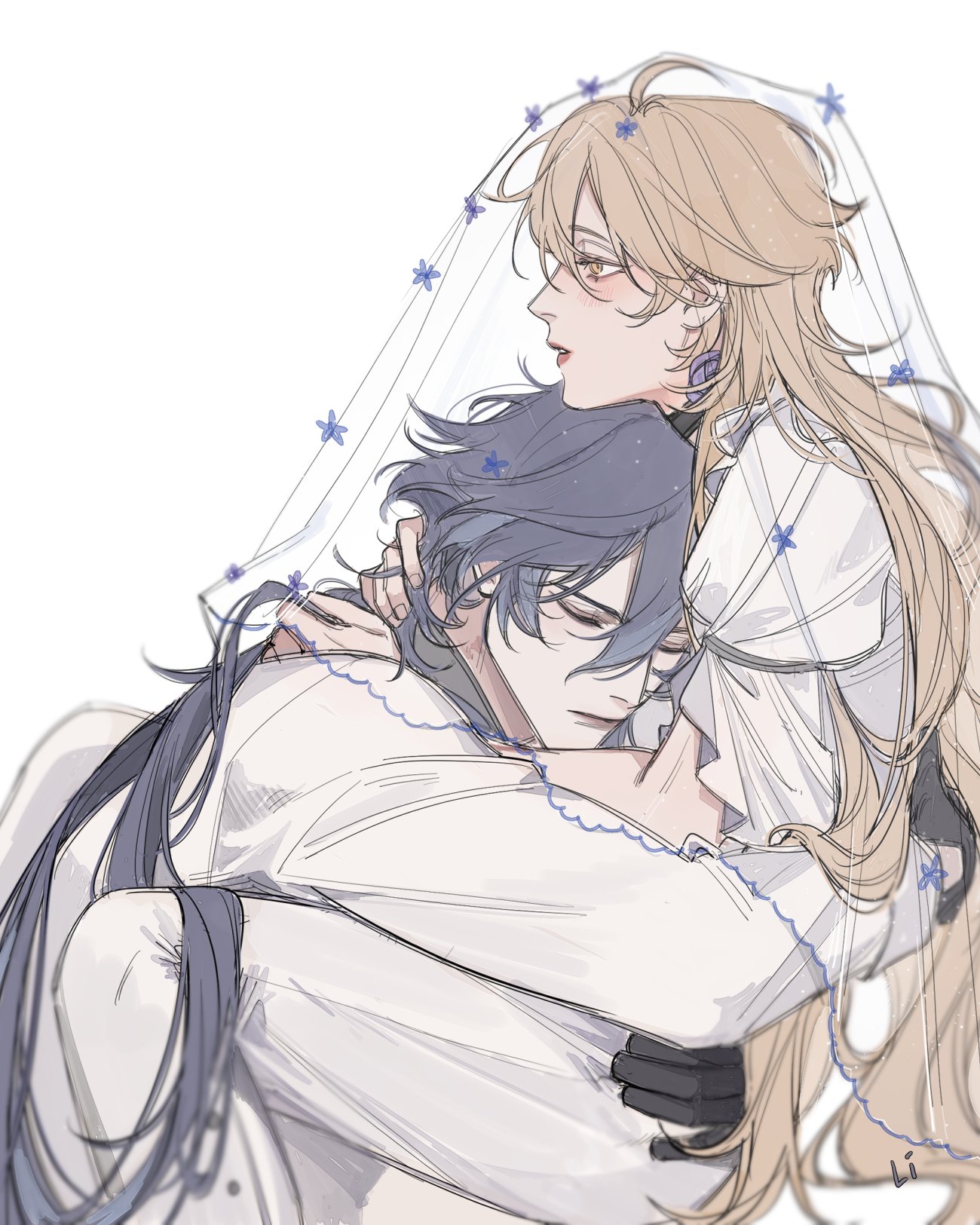 aether (genshin impact), flins (genshin impact), genshin impact, commentary, english commentary, highres, 2boys, ahoge, alternate costume, bags under eyes, black gloves, blonde hair, blue hair, blush, chiiann, closed eyes, closed mouth, couple, crossdressing, crossdressing (mtf), curly hair, dress, formal clothes, girly boy, gloves, hair between eyes, head on another's chest, height difference, hug, huge ahoge, jacket, leaning on person, long hair, long sleeves, multiple boys, muscular, muscular male, orange eyes, parted lips, red lips, suit, suit jacket, veil, wedding, wedding dress, wedding suit, white dress, white suit, yaoi