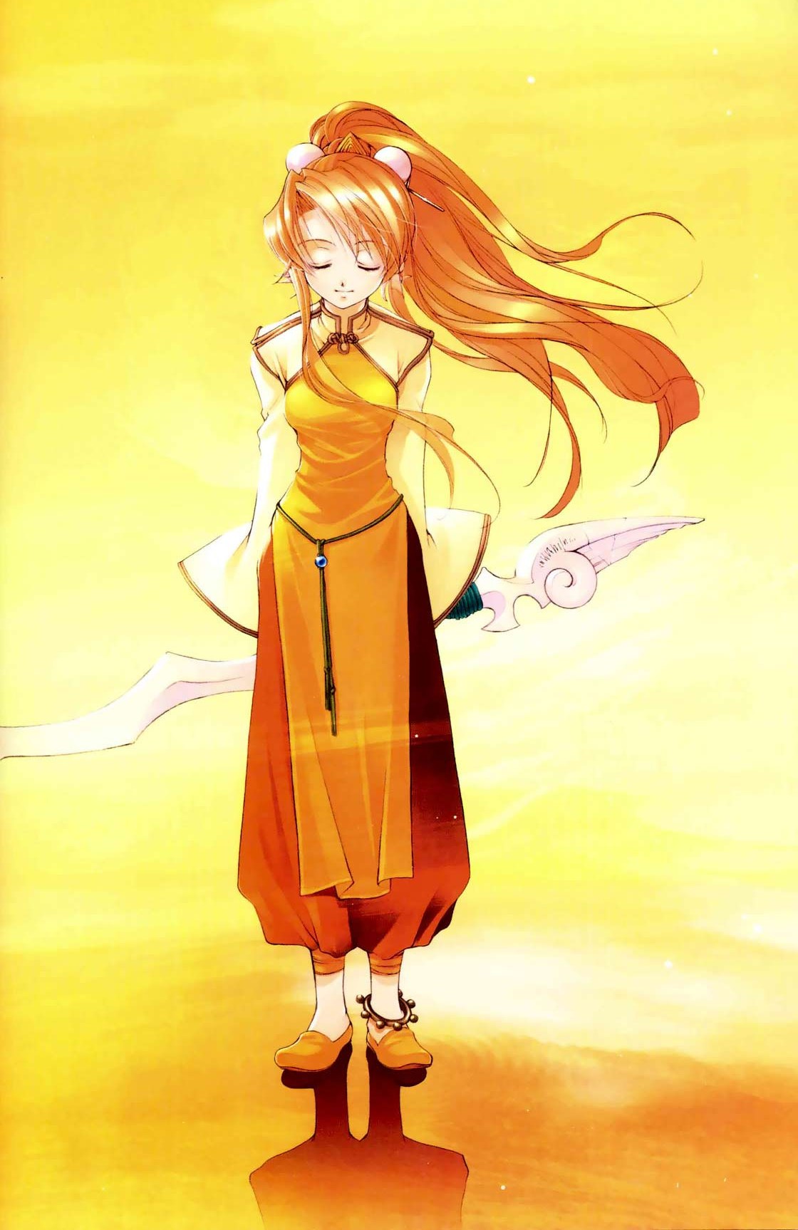 highres, brown hair, closed eyes, ponytail, solo, staff, sword, weapon