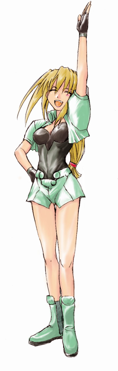 rikudou koushi, excel, excel saga, highres, long image, tall image, 1990s (style), 1girl, blonde hair, boots, closed eyes, fang, female focus, fingerless gloves, gloves, green boots, long hair, low-tied long hair, retro artstyle, salute, solo