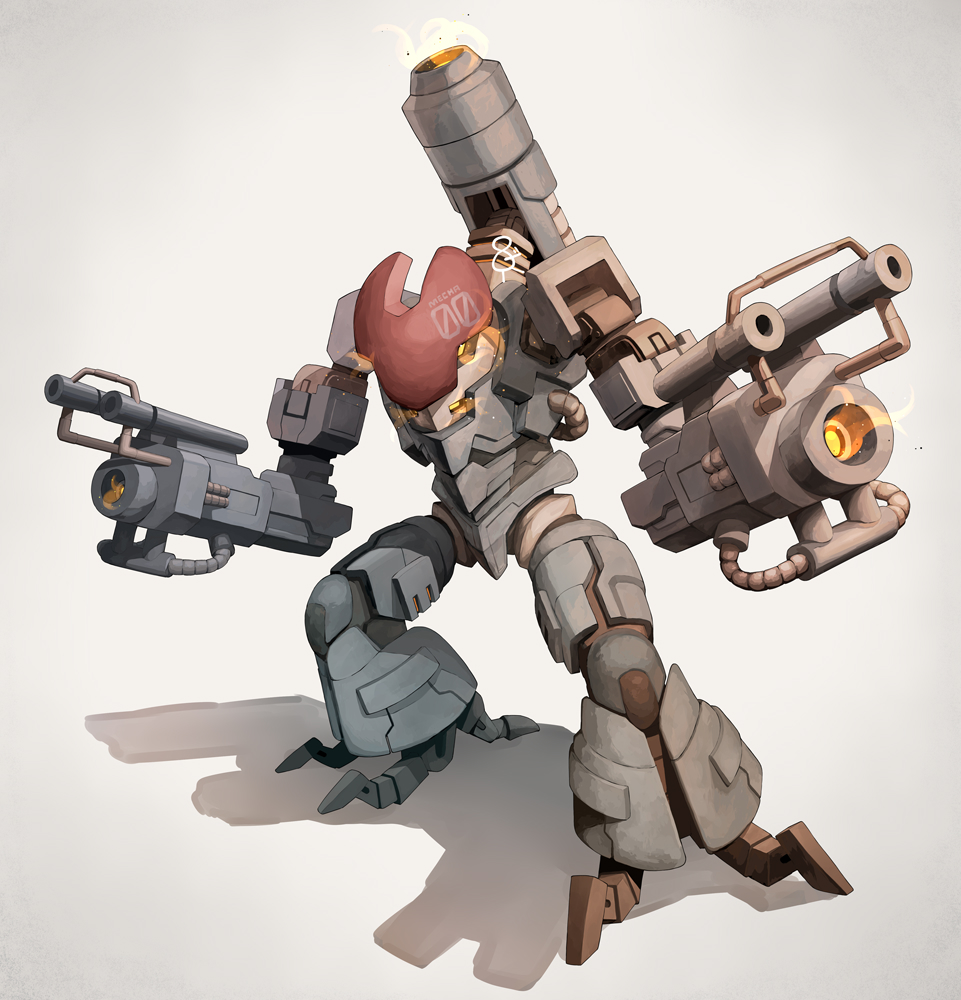 yoshida (penguindynamite), original, commentary request, cable, flamethrower, mecha, mecha focus, no humans, robot, science fiction, shadow, weapon