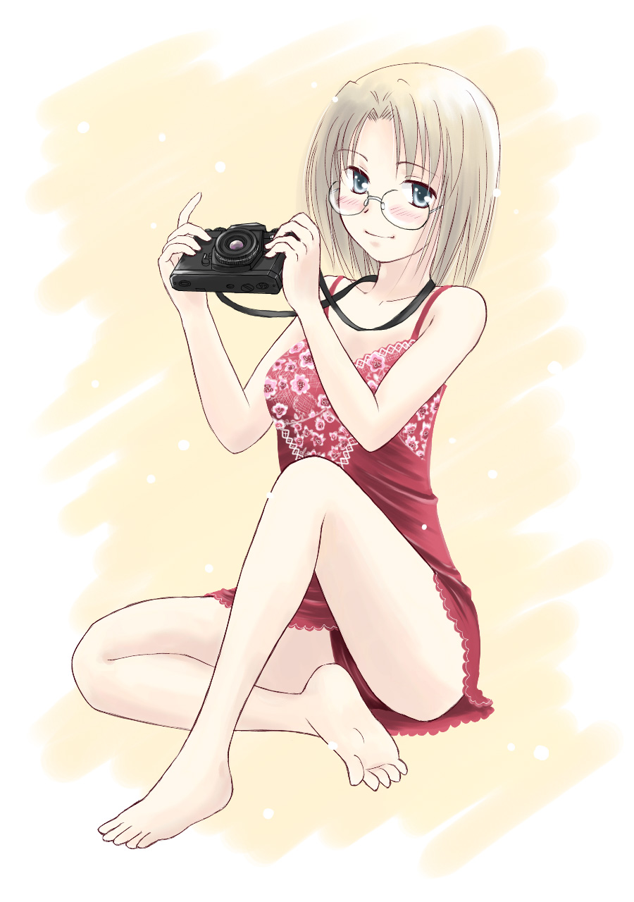 highres, 1girl, blonde hair, blue eyes, blush, camera, chemise, female focus, glasses, lingerie, short hair, solo, underwear